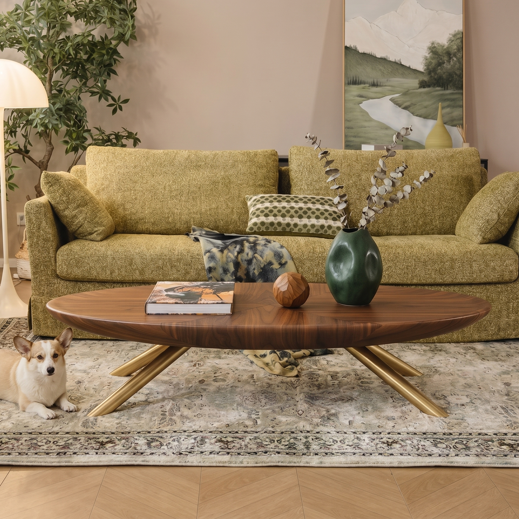 Modern Oval Coffee Table with Wood-Grain Finish and Gold Accents - View 12