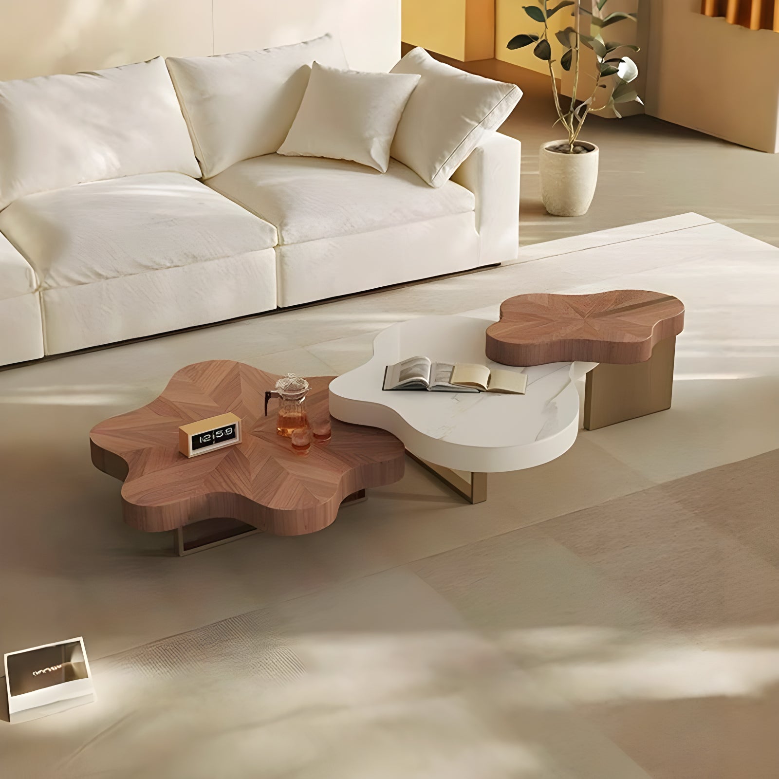 Cloud-Shaped Irregular Coffee Table Set with Faux Marble Top