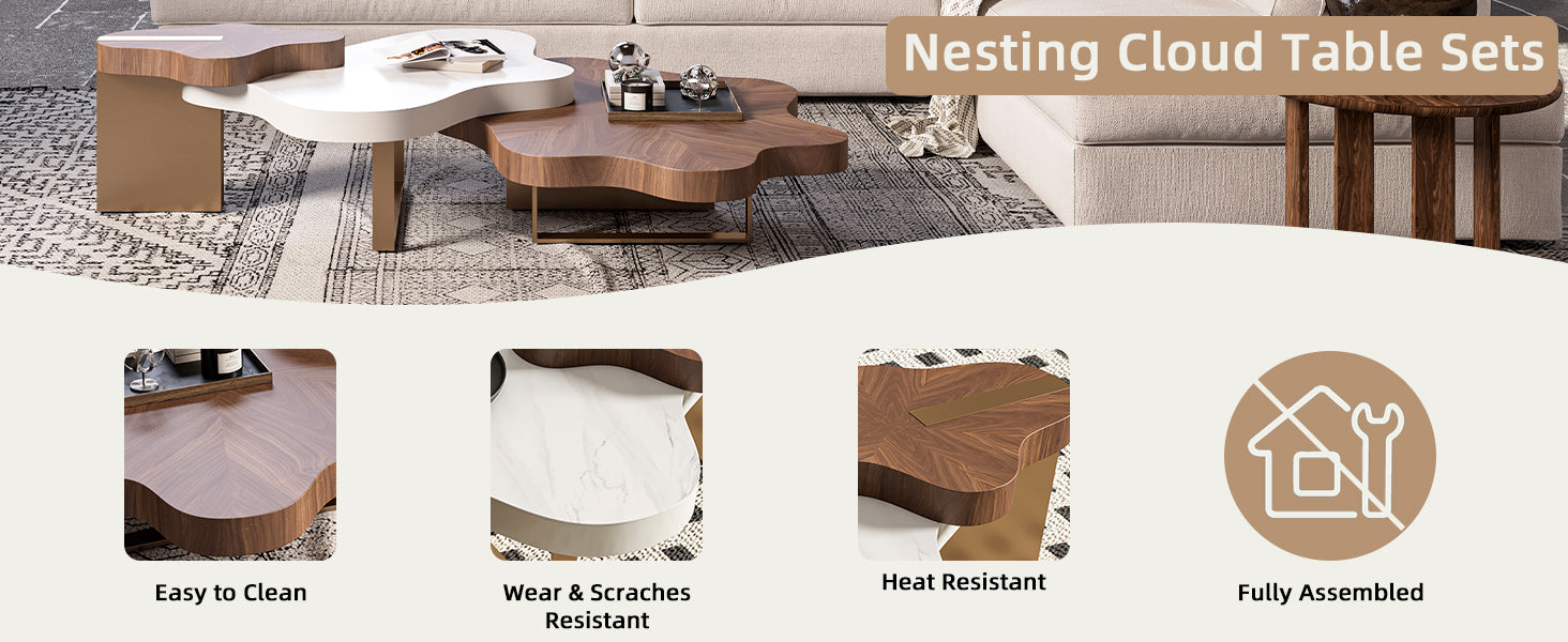 Cloud-Shaped Irregular Coffee Table Set with Faux Marble Top