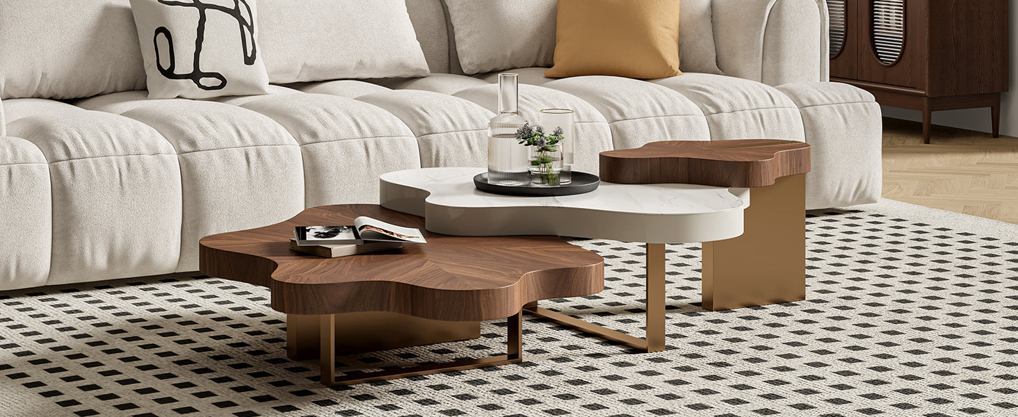 Cloud-Shaped Irregular Coffee Table Set with Faux Marble Top