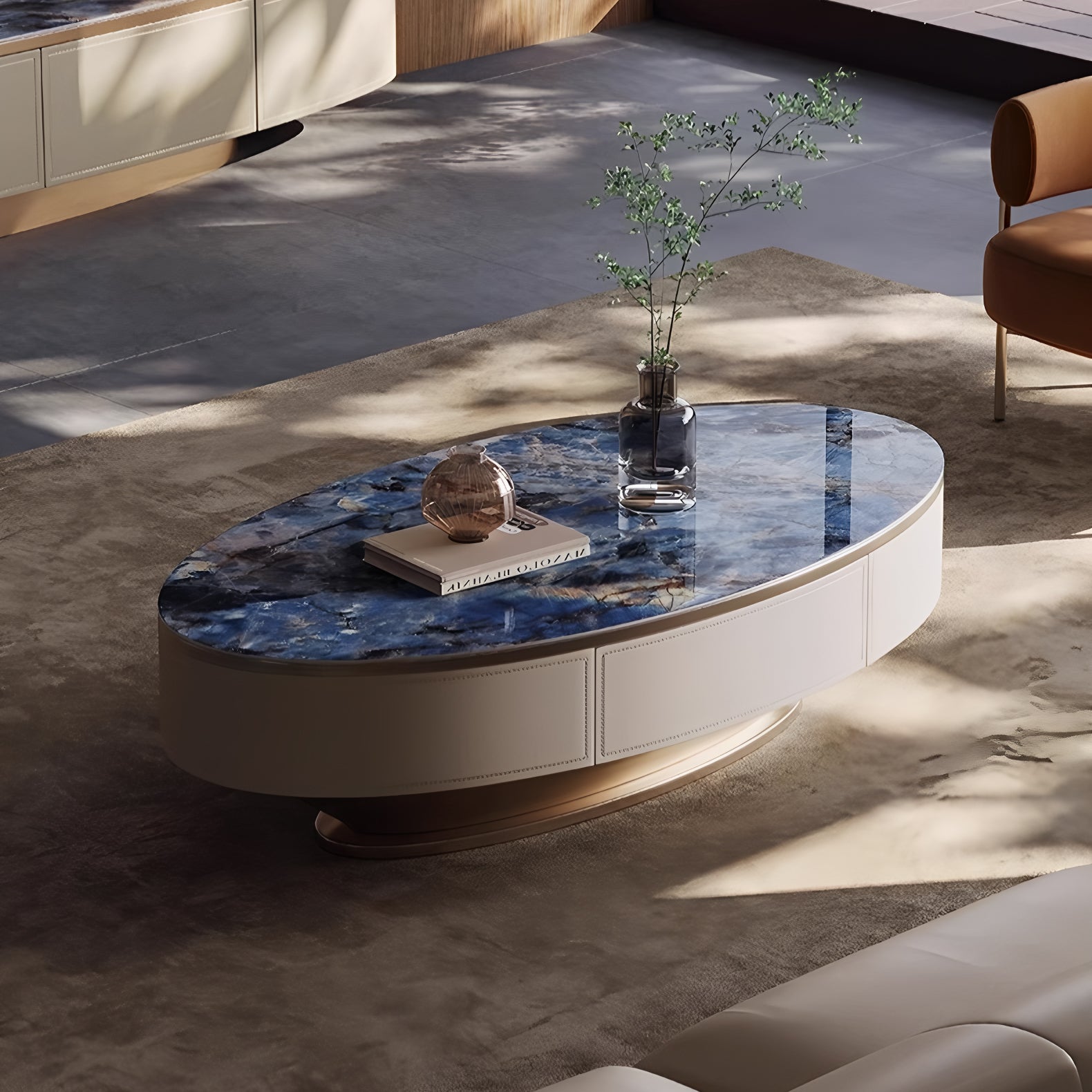 Oval Coffee Table with Sapphire Top and Leather Veneer Base