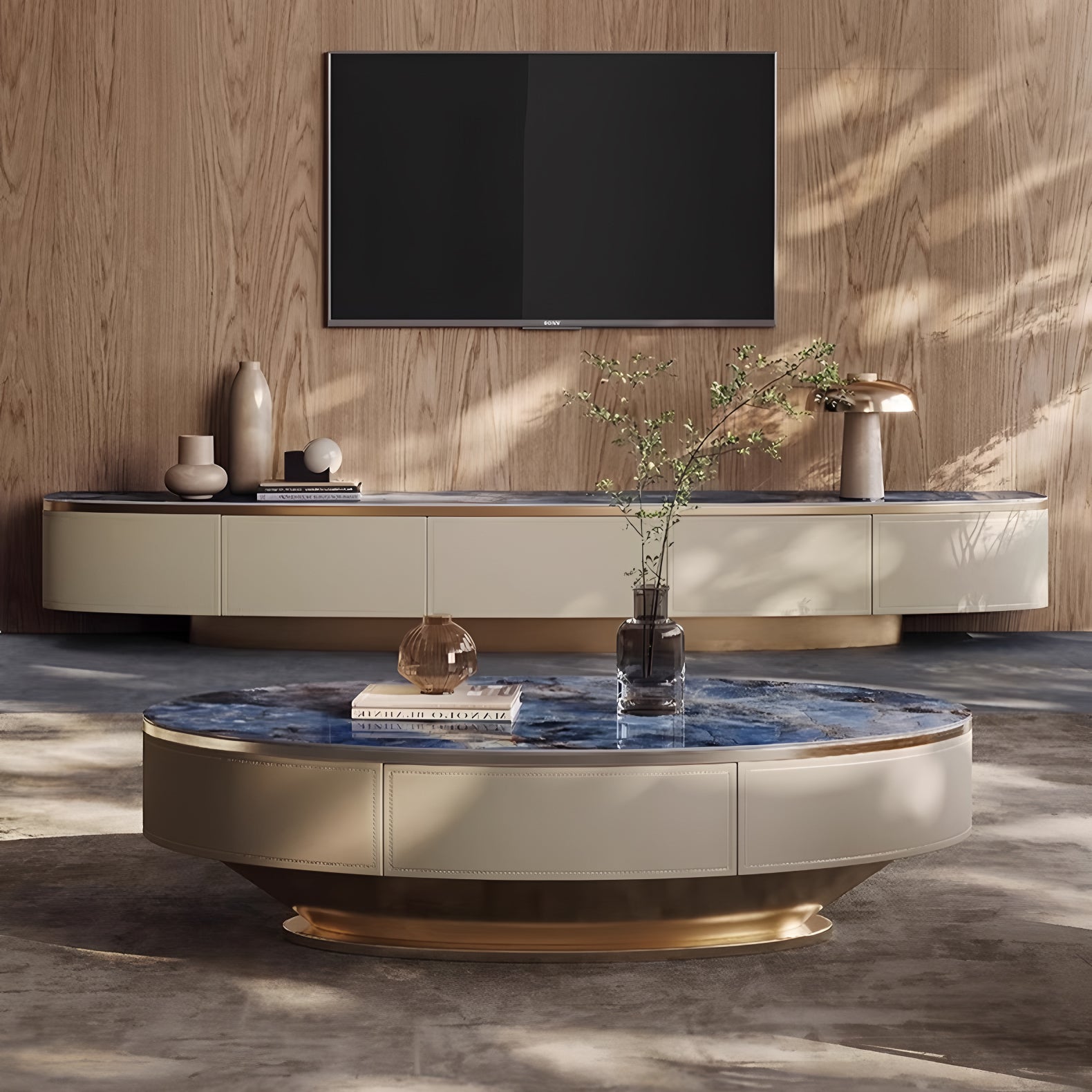 Oval Coffee Table with Sapphire Top and Leather Veneer Base
