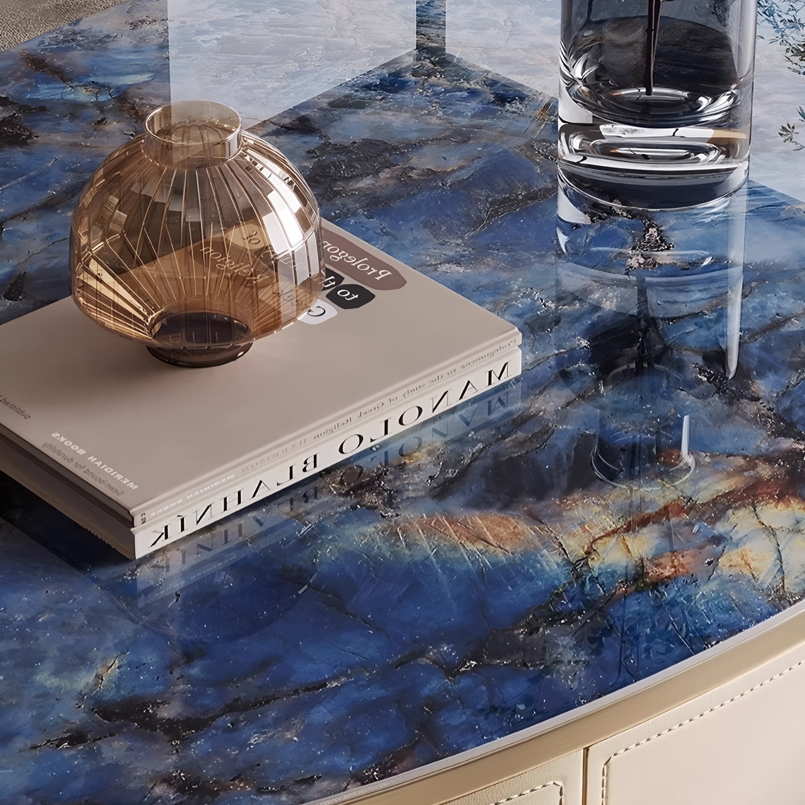 Oval Coffee Table with Sapphire Top and Leather Veneer Base