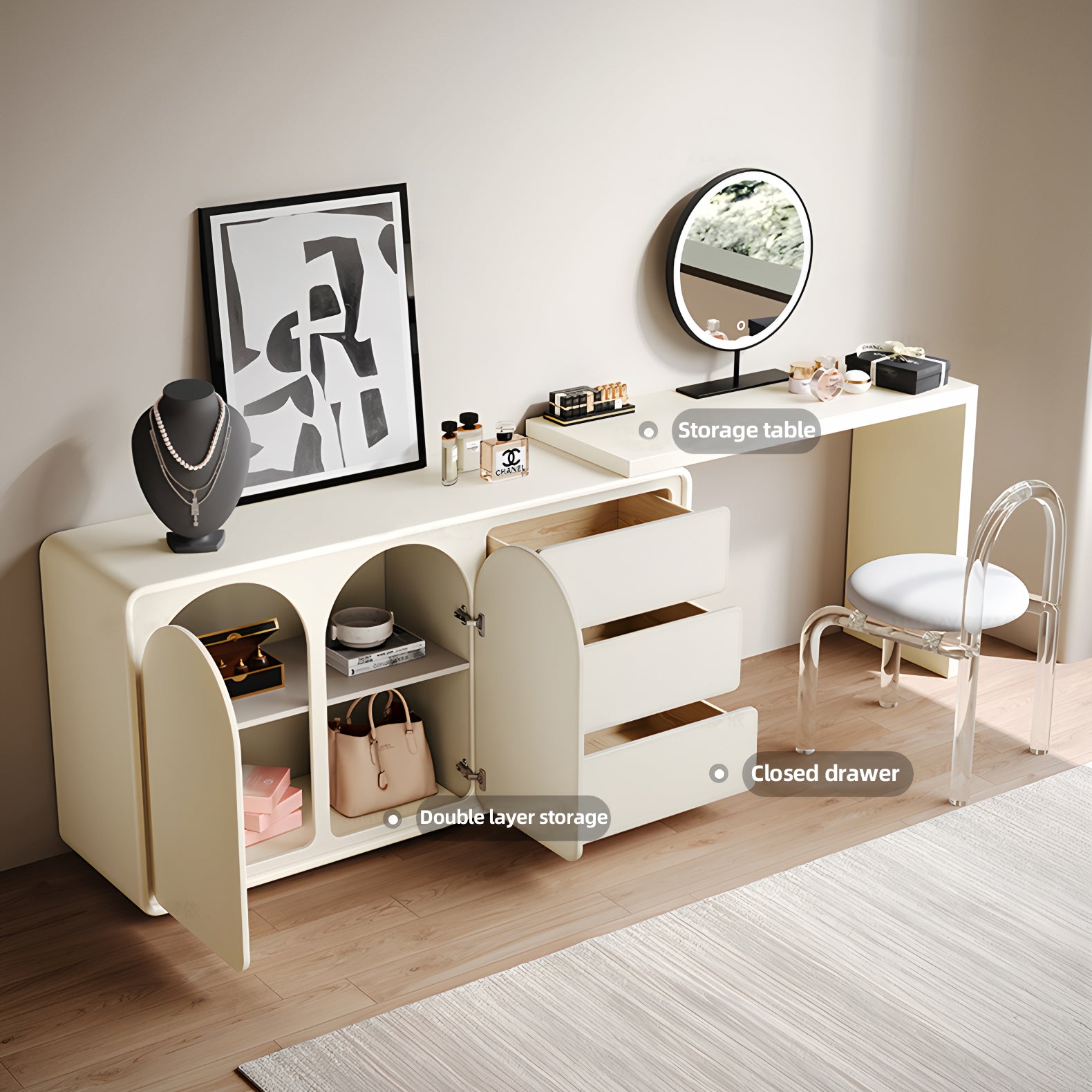 Modern Rotating Extendable Makeup Vanity with Storage - View 8
