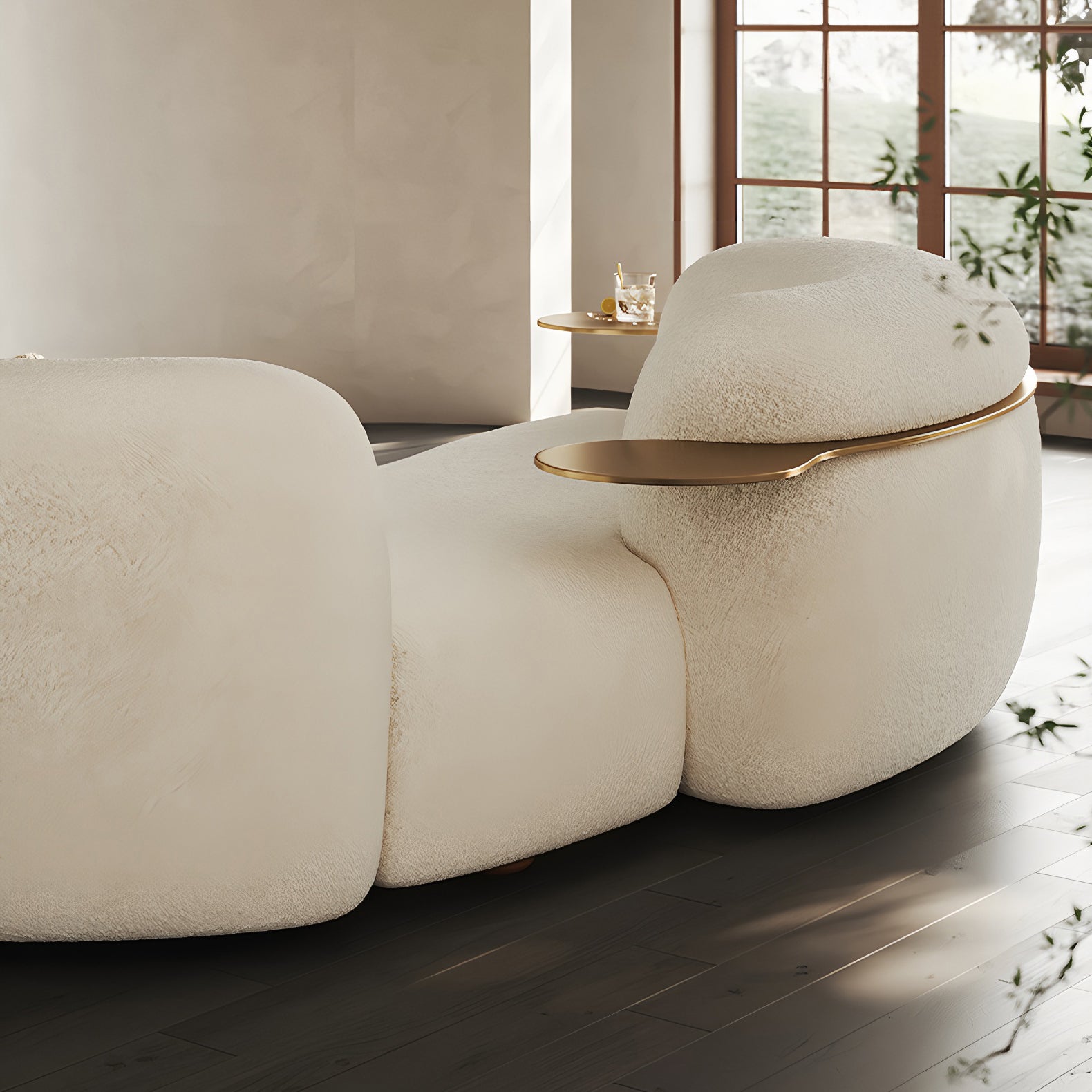 102" Cream Bouclé Curved Sofa, 3-Seater Couch with Black Base & Gold Side Tray