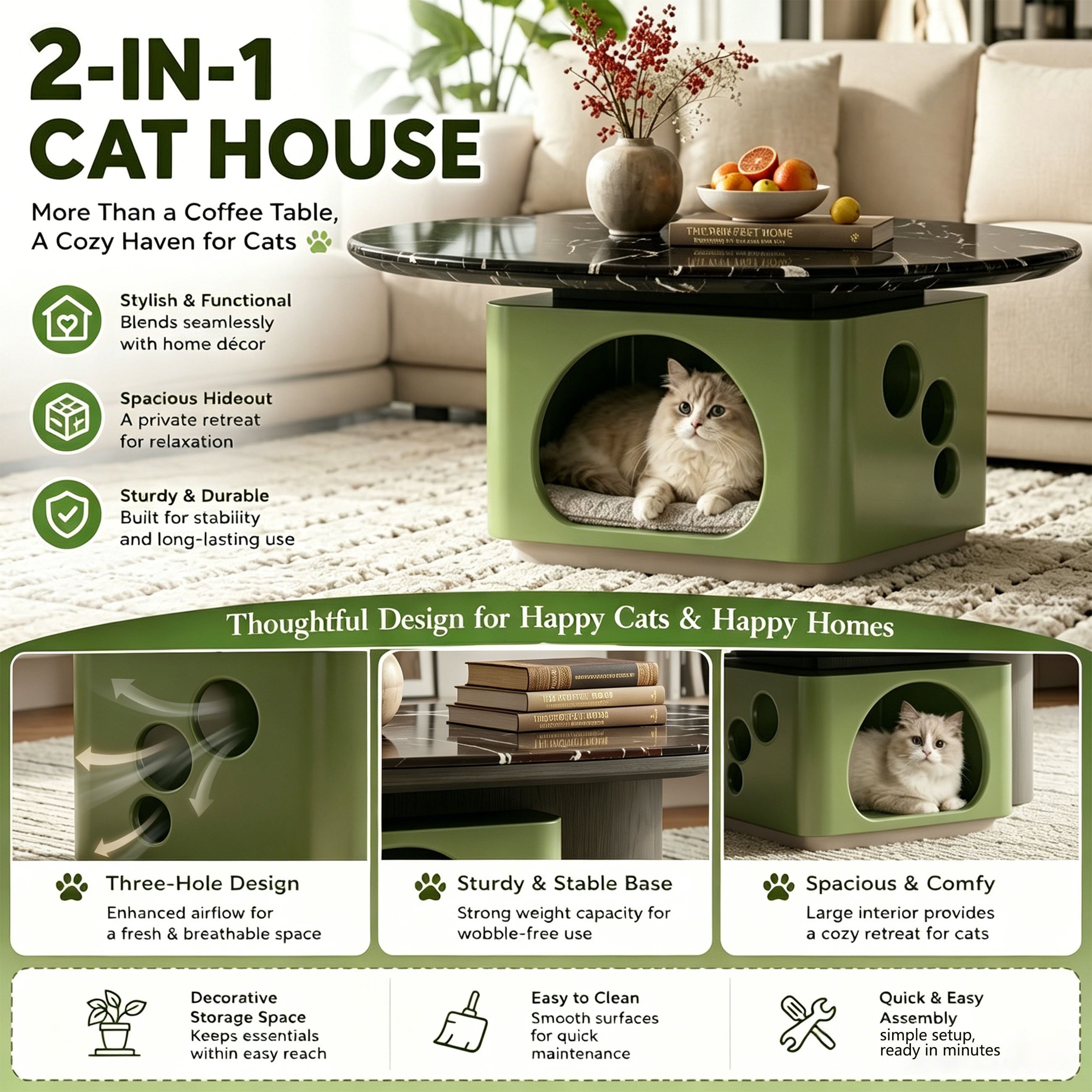 Luxury Pet-Friendly Coffee Table - Black Veined Marble Top with Cat Cave Base