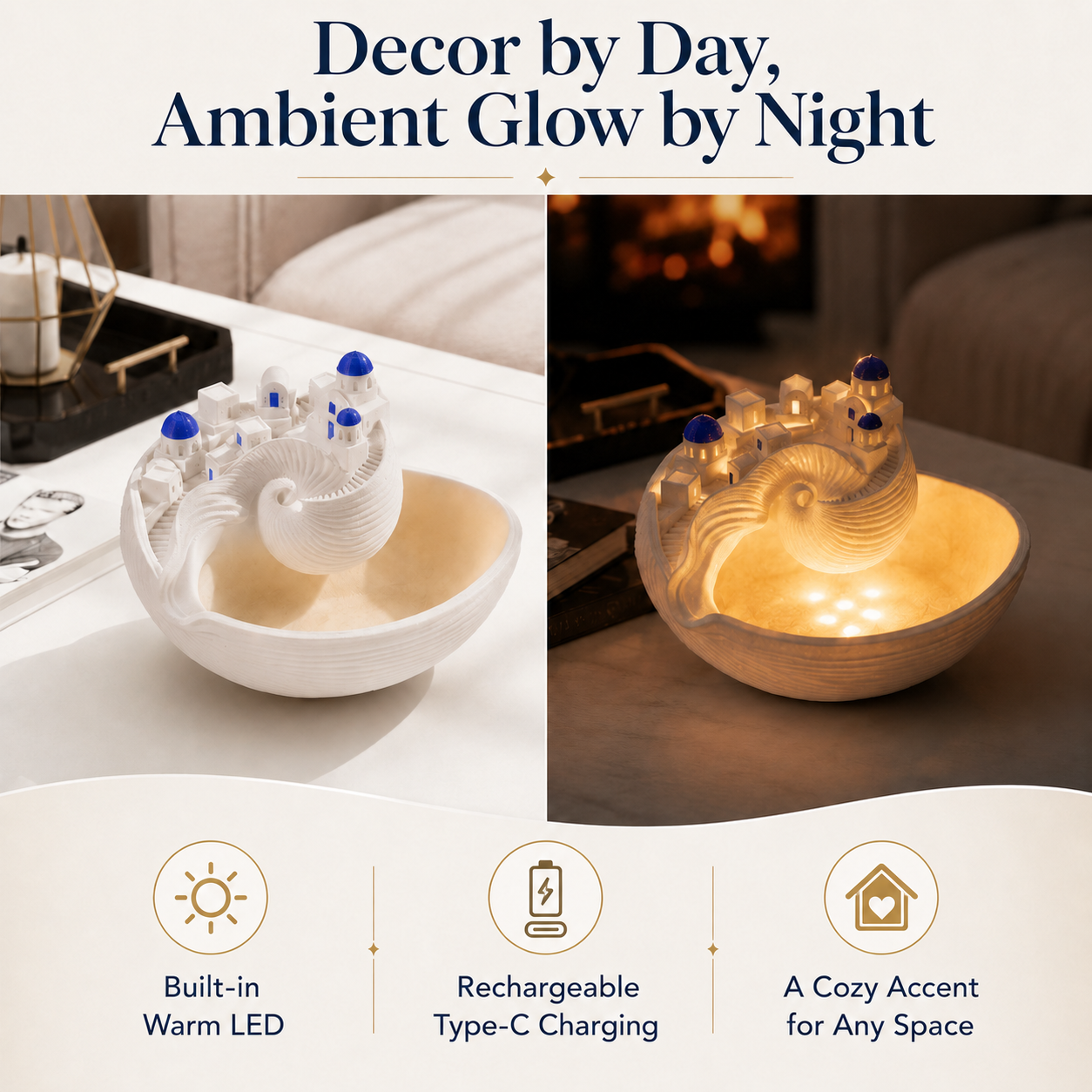 Santorini-Inspired 3D Printed Shell Catchall Bowl with Rechargeable LED Light