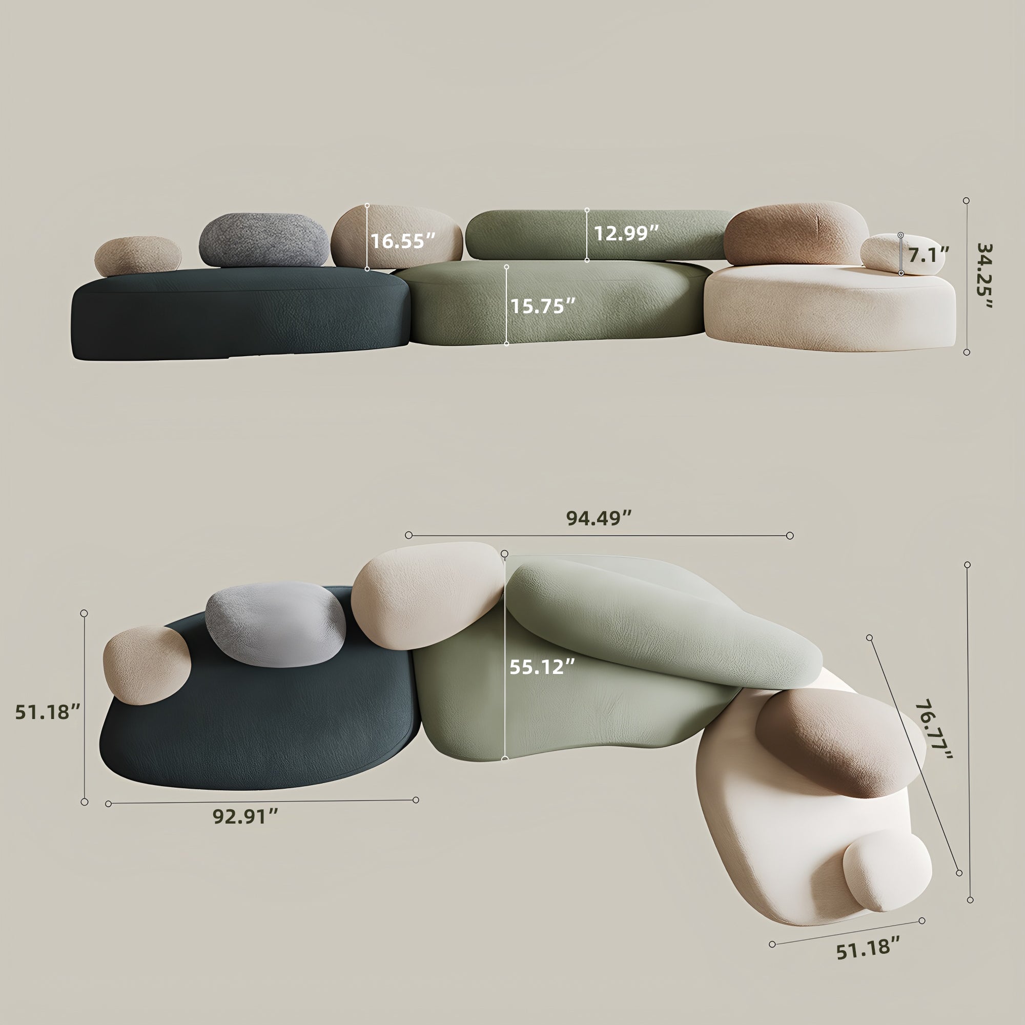 Pebble Modular Sofa in Navy, Green, and Beige