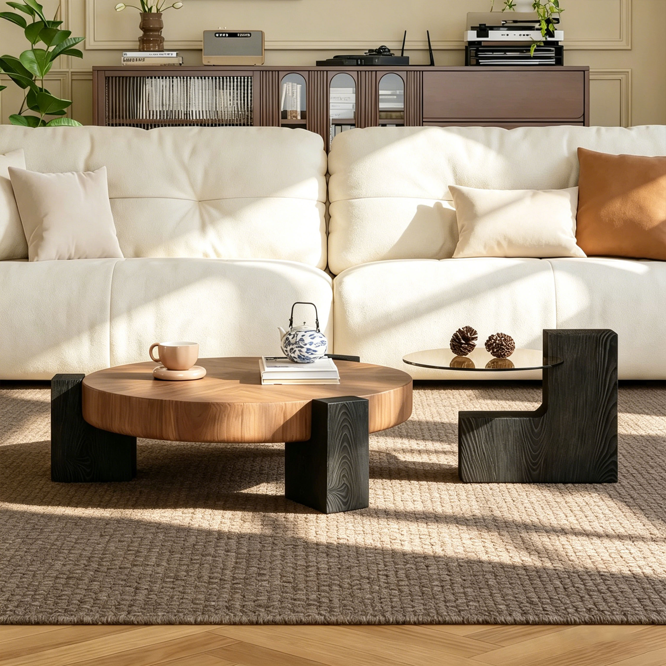 Mid-century coffee table - Round coffee table Walnut & Clear HD Glass Top with Stable Geometric Legs