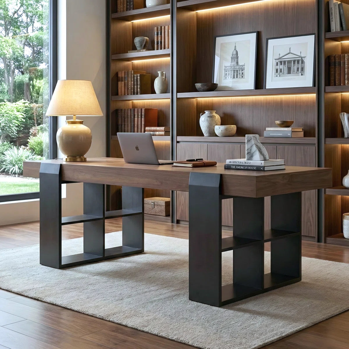 71" Modern Walnut Executive Desk with Integrated Storage Shelves & Concealed Drawers,Computer Office Table with Cable Management