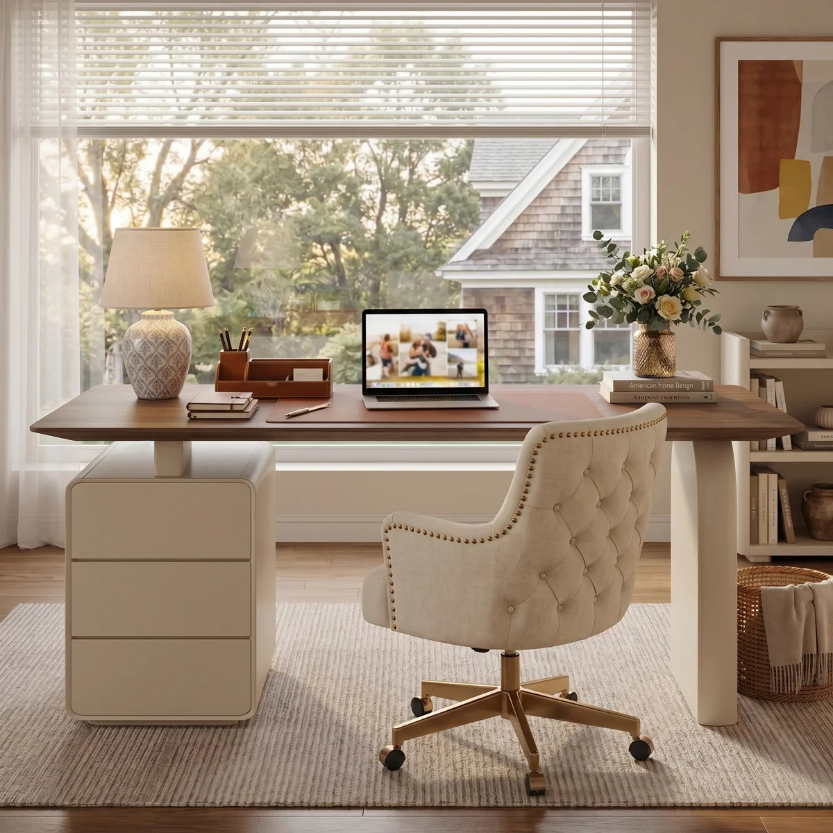 Modern Wood Writing Desk with Storage Drawers, 70.86'' Large Home Office Desk with Built-in 3 Drawer Cabinet