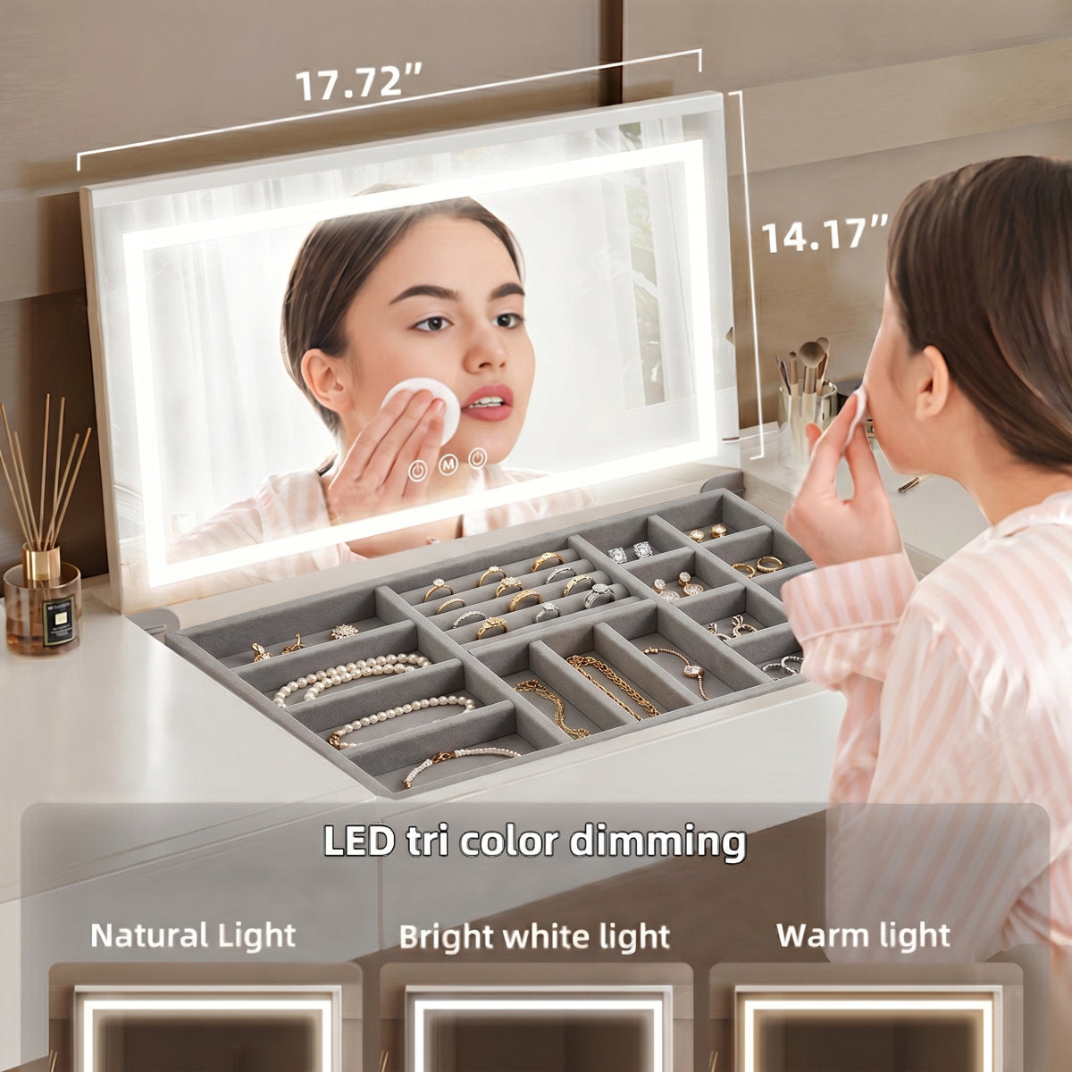 Extendable 47.24"–89.76" Cream White Vanity Desk 8-Drawer Storage, Glass-Top Display & Jewelry Organizer, Adjustable 3-Color Lighting Mirror Makeup Vanity - View 4