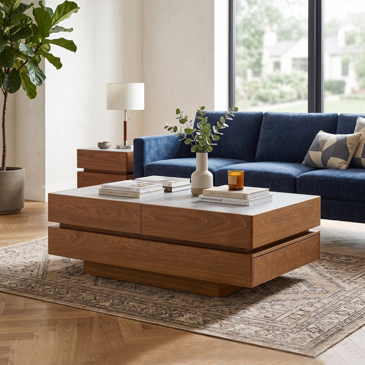 Modern Expandable Slide-Top Coffee Table with Deep Hidden Storage Compartments and Dual Drawers - View 1