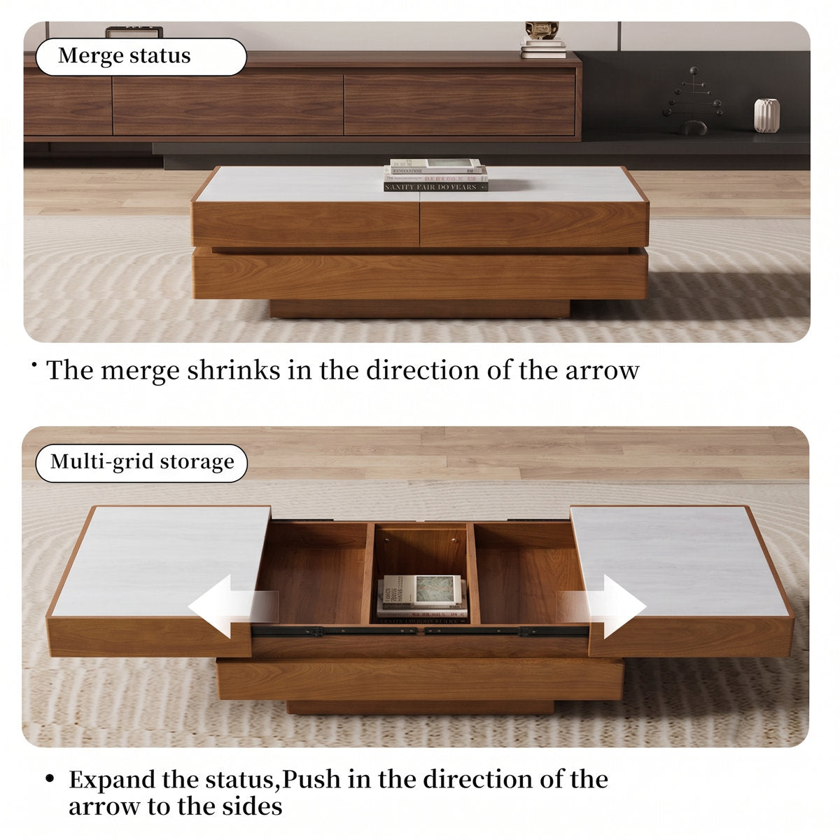 Modern Expandable Slide-Top Coffee Table with Deep Hidden Storage Compartments and Dual Drawers - View 12