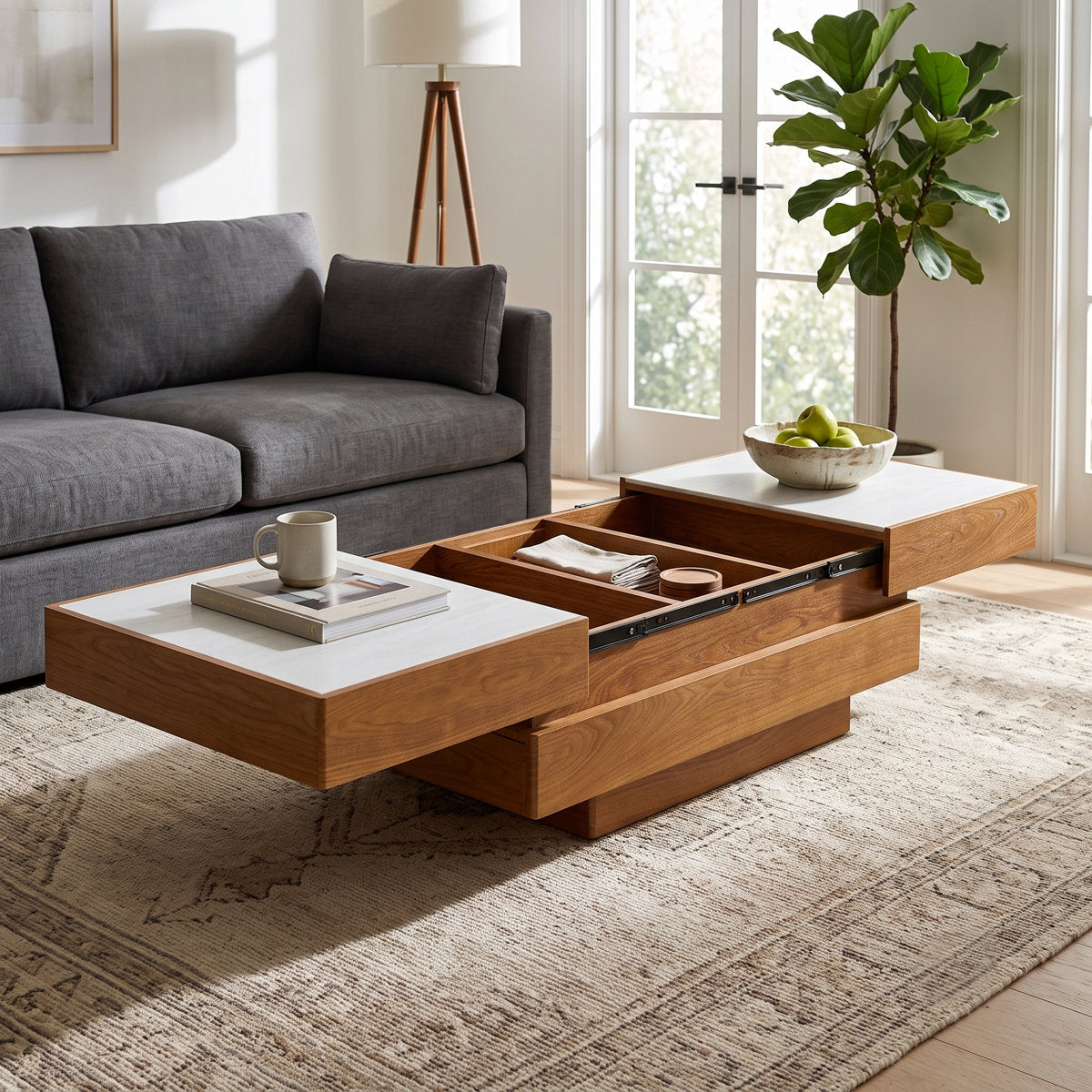 Modern Expandable Slide-Top Coffee Table with Deep Hidden Storage Compartments and Dual Drawers - View 3