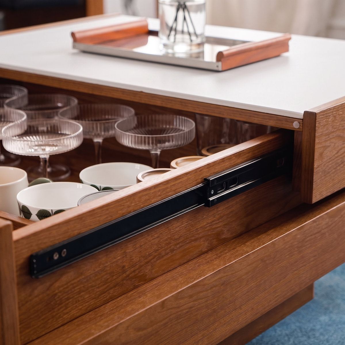 Modern Expandable Slide-Top Coffee Table with Deep Hidden Storage Compartments and Dual Drawers - View 10