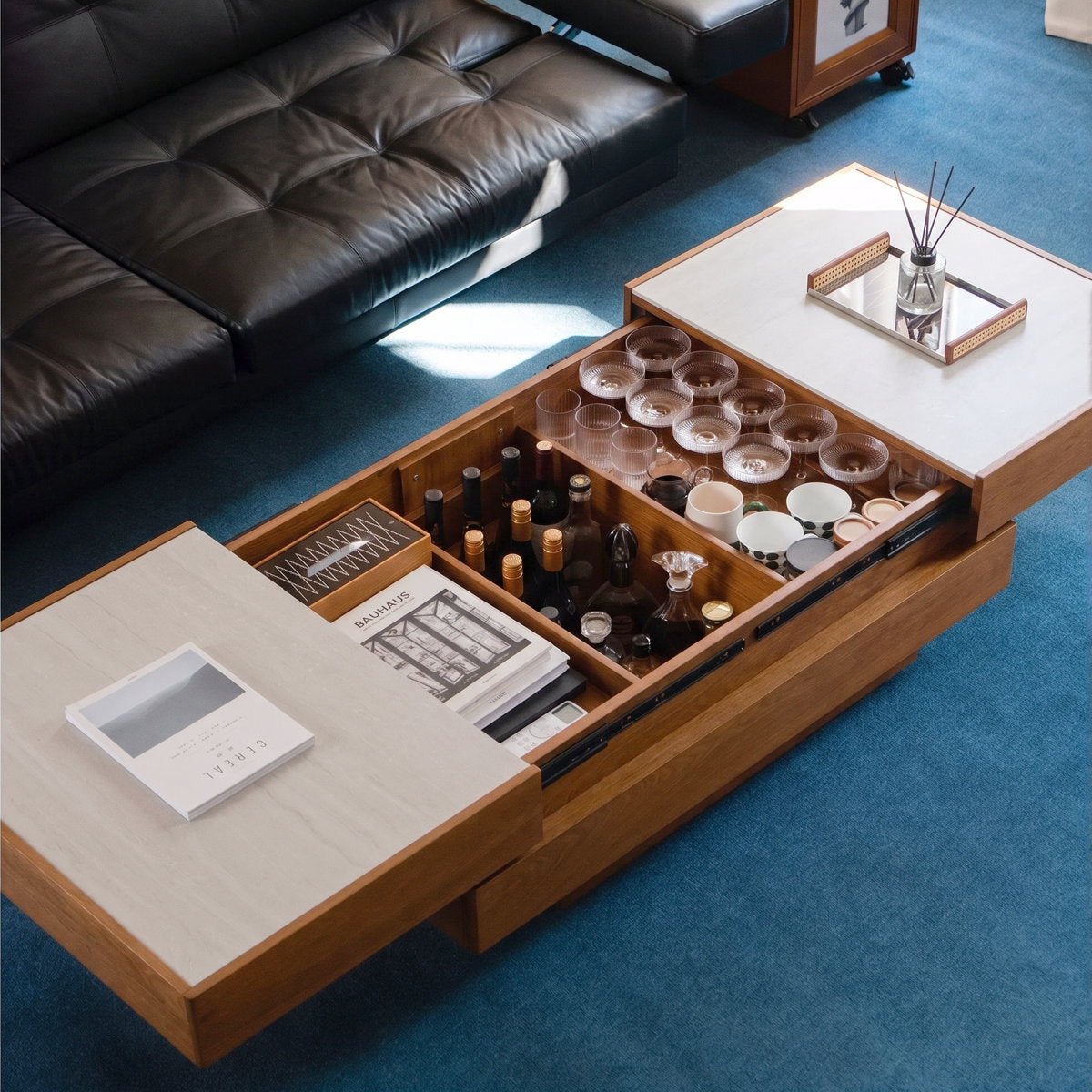 Modern Expandable Slide-Top Coffee Table with Deep Hidden Storage Compartments and Dual Drawers - View 4