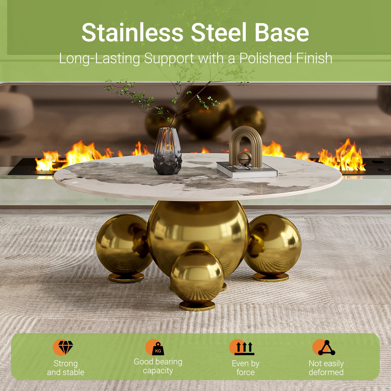 Modern Light Luxury Coffee Table with Marbled Tabletop & Gold Spherical Metal Base, 35.43" Wide