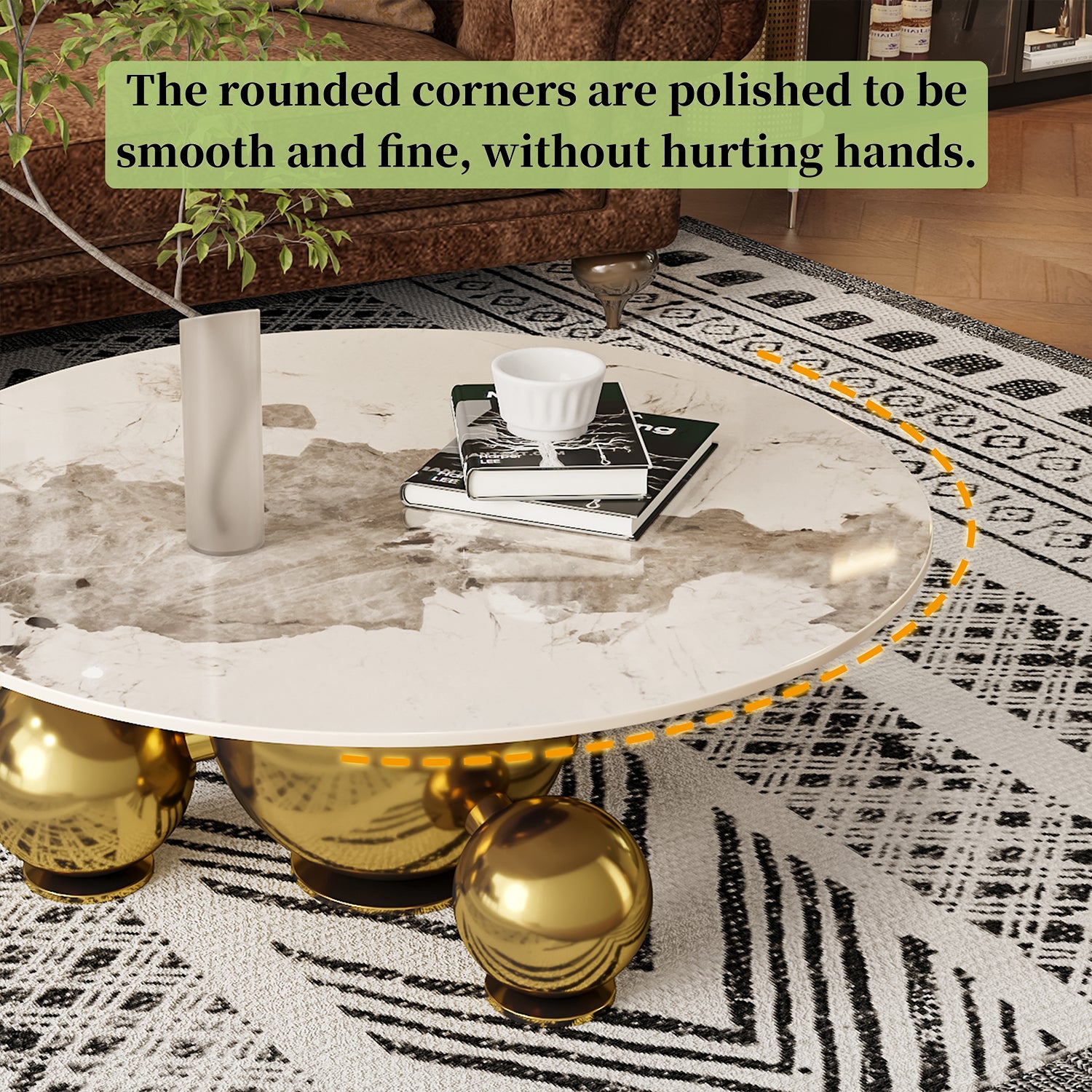 Modern Light Luxury Coffee Table with Marbled Tabletop & Gold Spherical Metal Base, 35.43" Wide