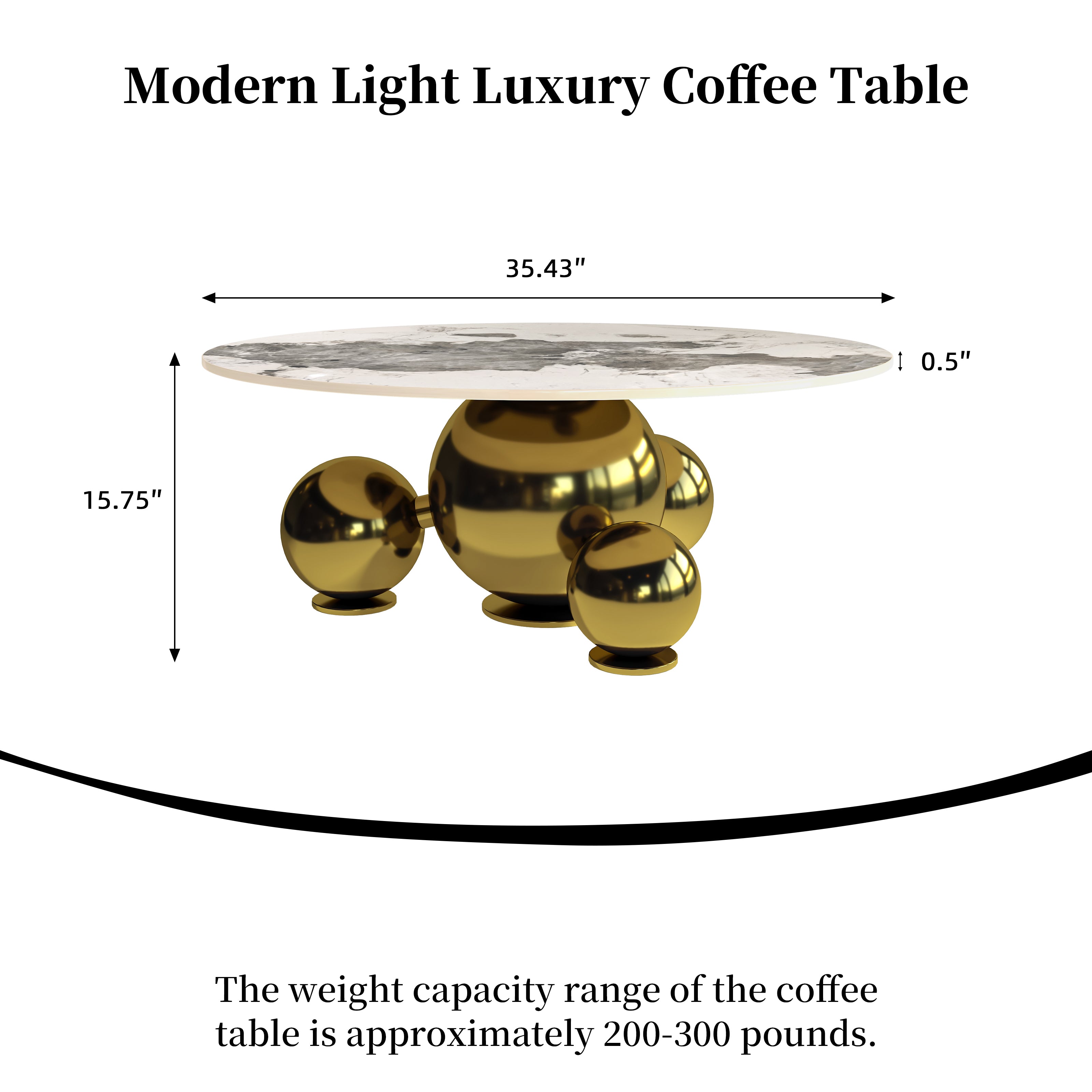 Modern Light Luxury Coffee Table with Marbled Tabletop & Gold Spherical Metal Base, 35.43" Wide