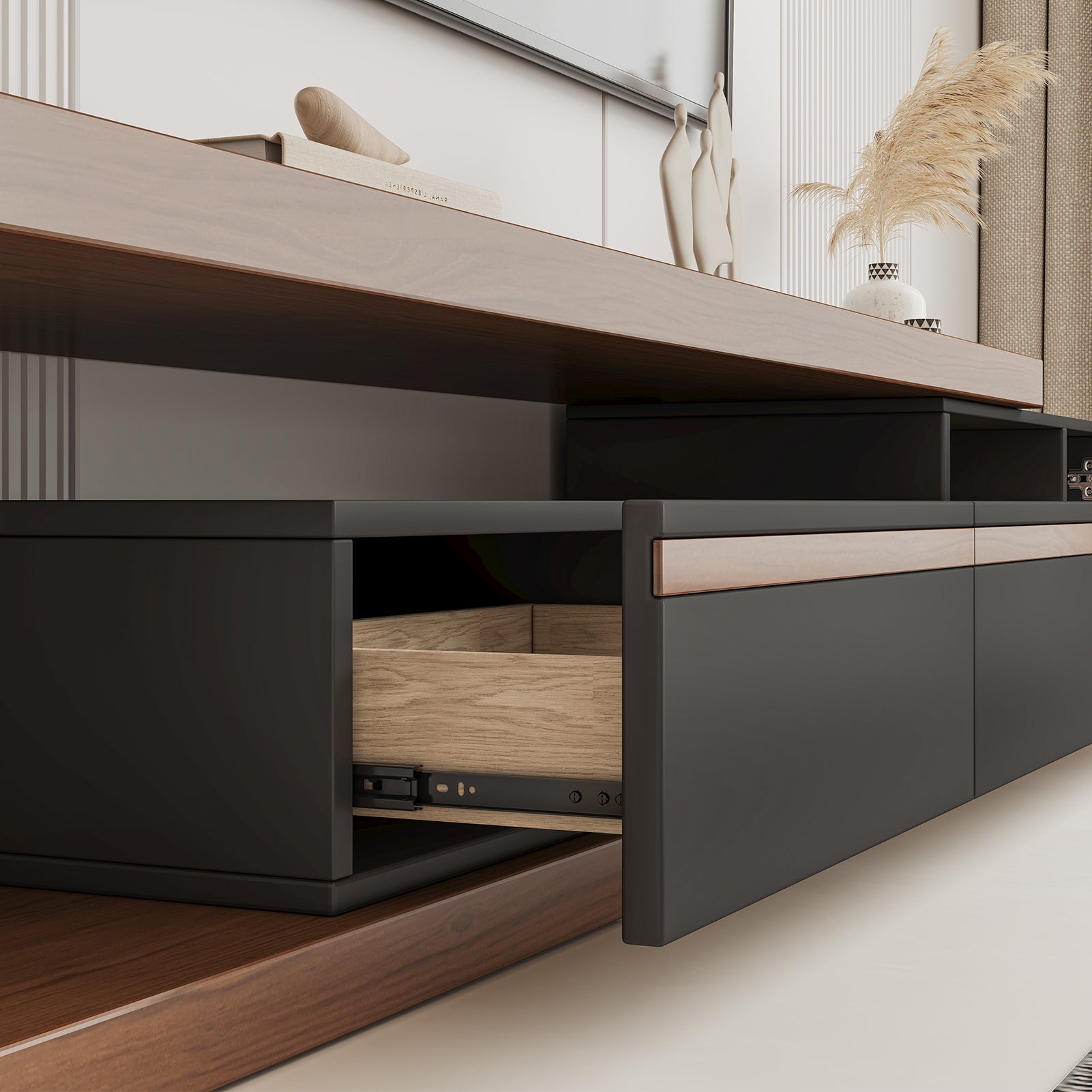 Adjustable-Length Modern Light Luxury TV Stand: Walnut Veneer Top & Spacious Storage