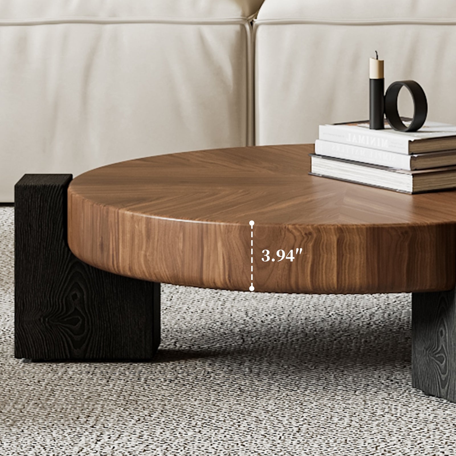 Mid-century coffee table - Round coffee table Walnut & Clear HD Glass Top with Stable Geometric Legs
