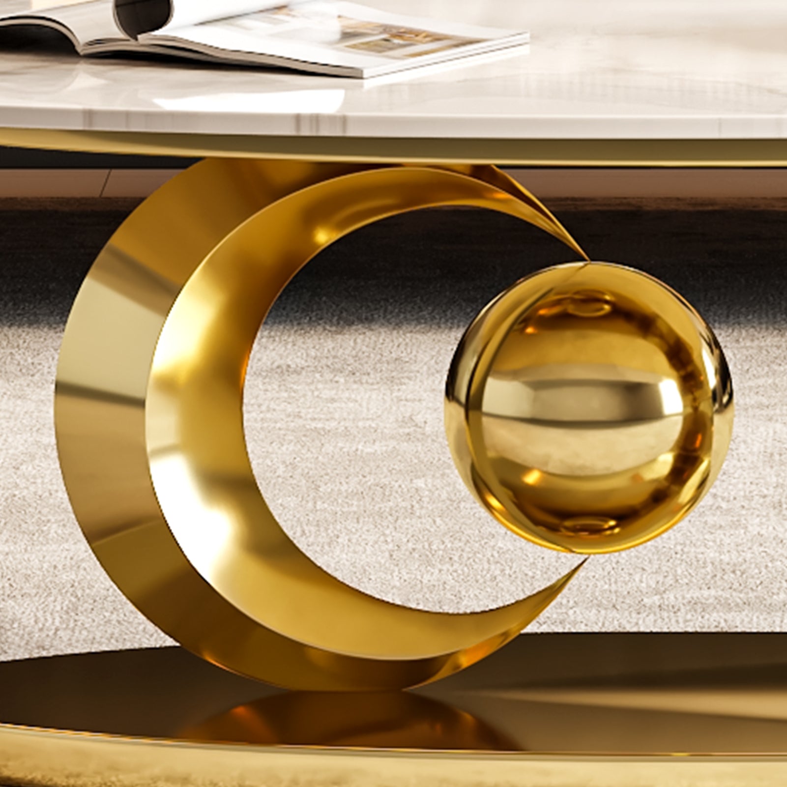 Modern Oval Coffee Table with Sintered Stone Top and Sculptural Stainless Steel Base - View 16