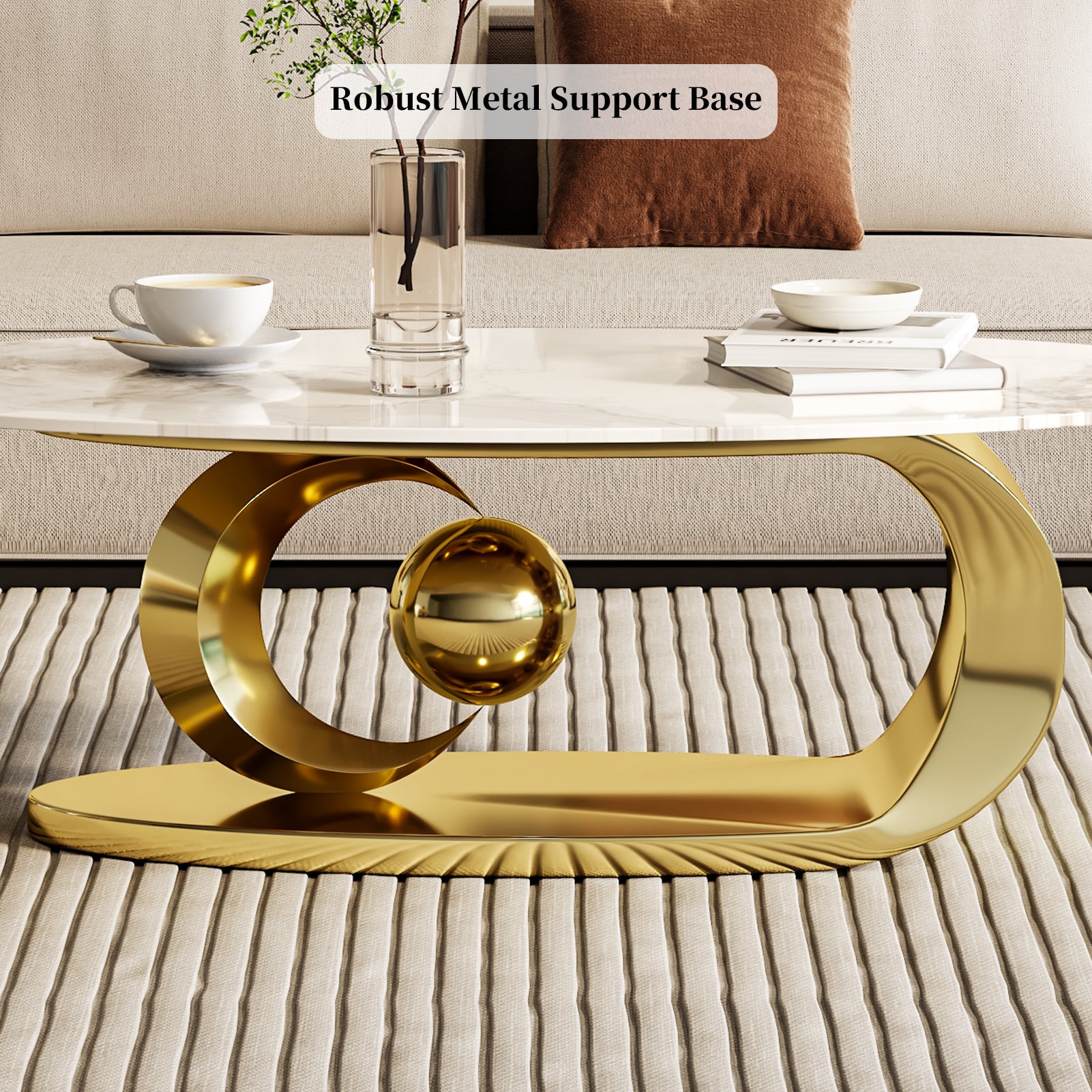 Modern Oval Coffee Table with Sintered Stone Top and Sculptural Stainless Steel Base - View 15
