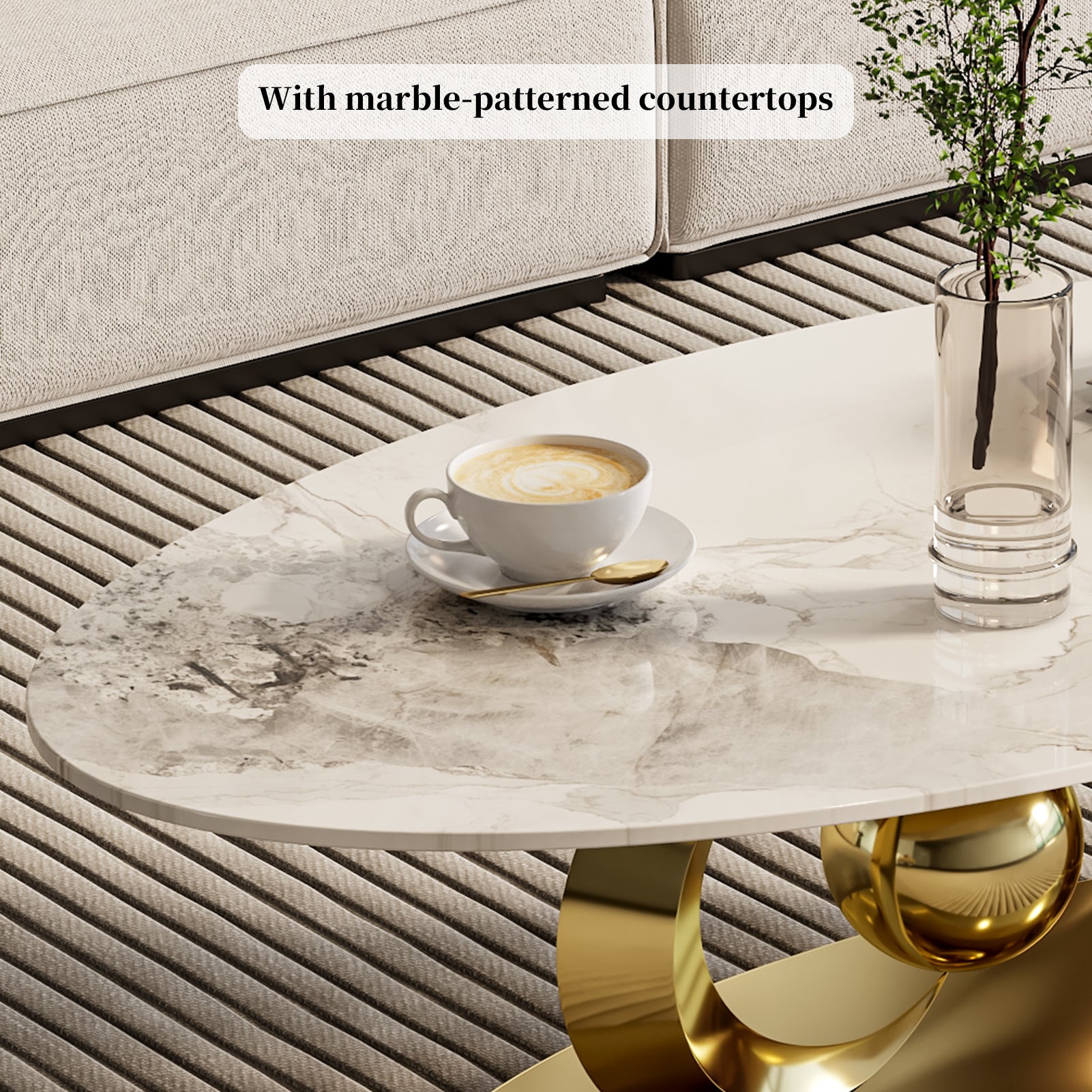 Modern Oval Coffee Table with Sintered Stone Top and Sculptural Stainless Steel Base - View 18