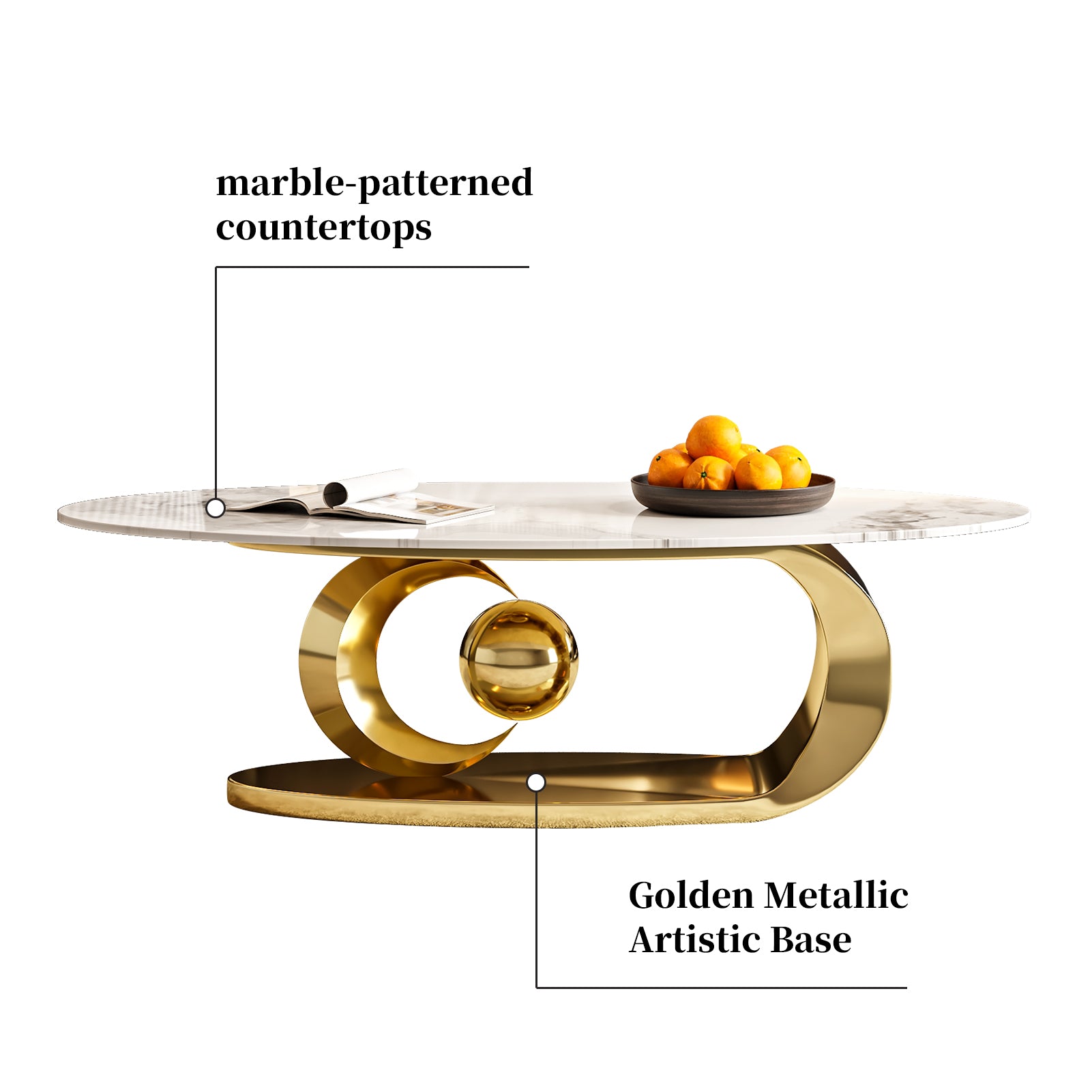 Modern Oval Coffee Table with Sintered Stone Top and Sculptural Stainless Steel Base - View 17