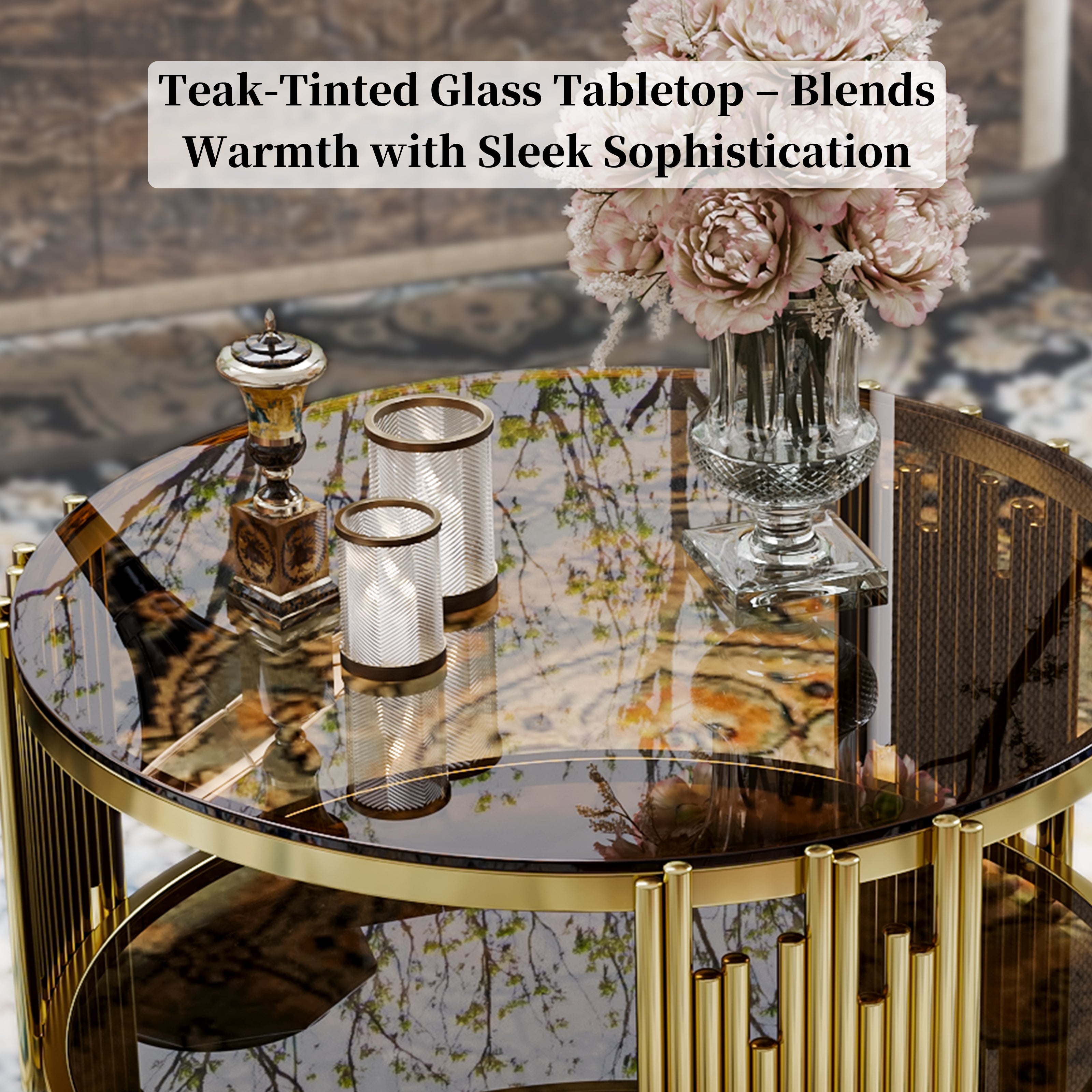 Modern Luxury Nesting Coffee Table Set - Gold Metal Frame & Smoked Glass Top (35.43" L)