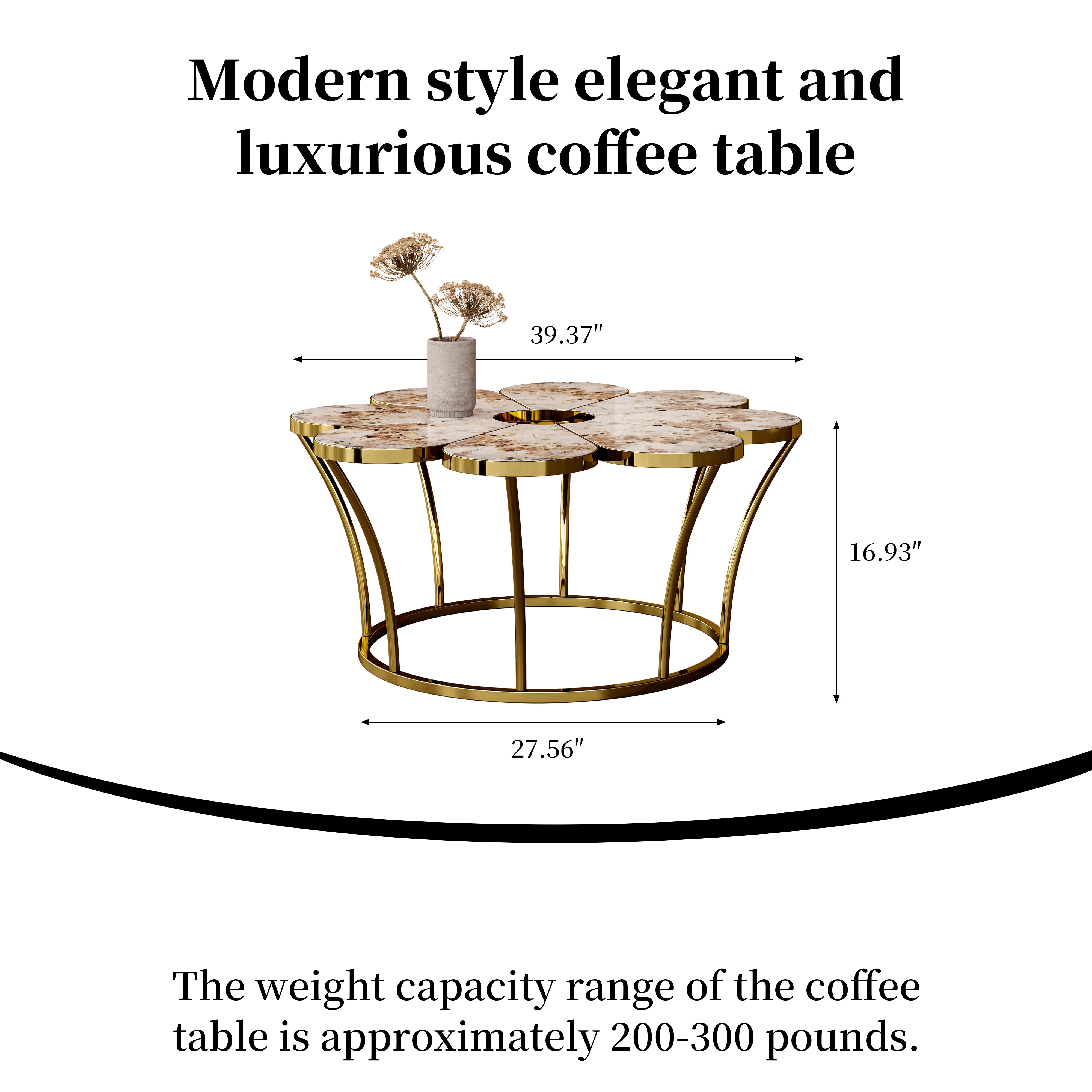Flower-shaped faux marble coffee table with polished gold stainless steel base