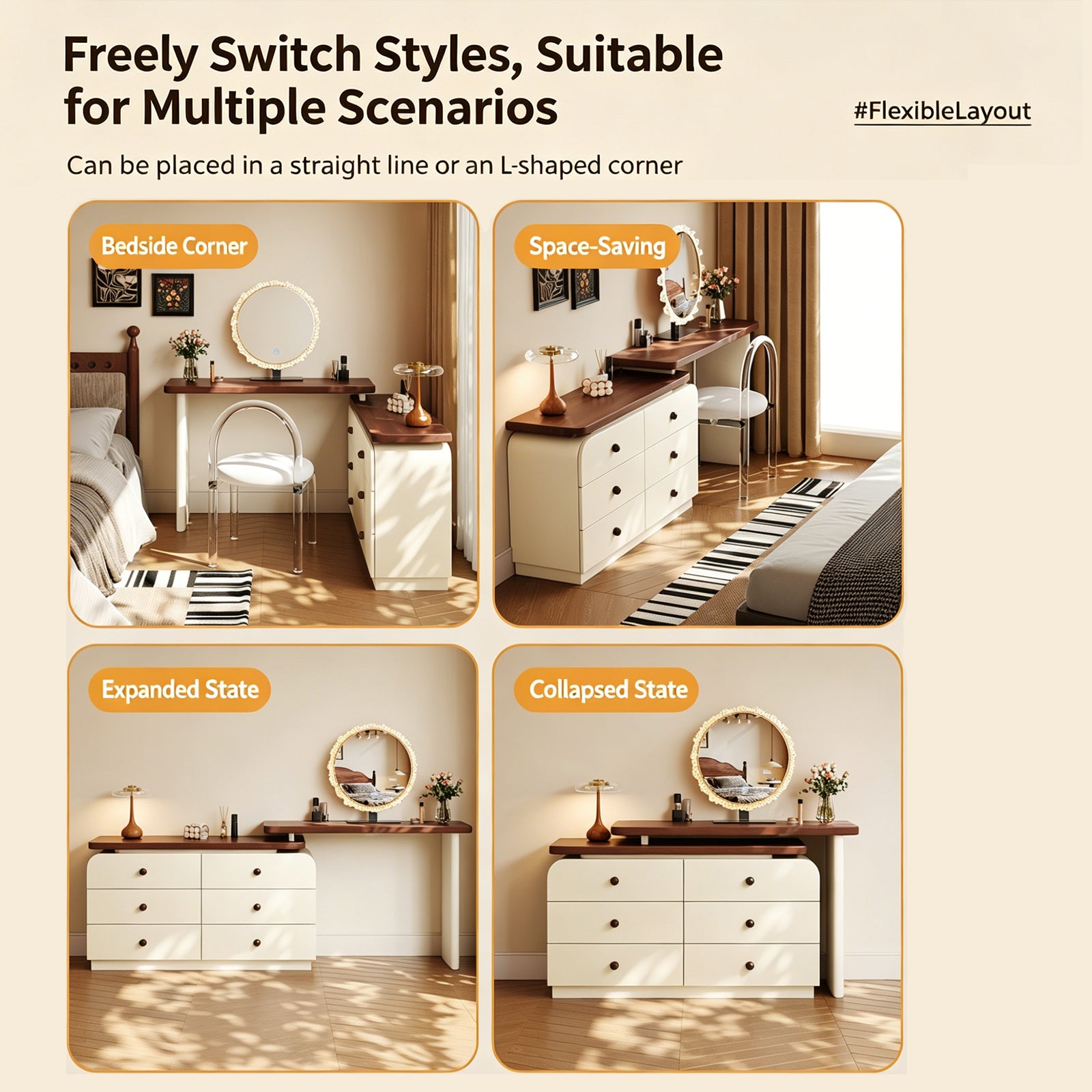 6-Drawer Dresser and Extendable Vanity Desk Combo with Solid Wood Handles - View 3
