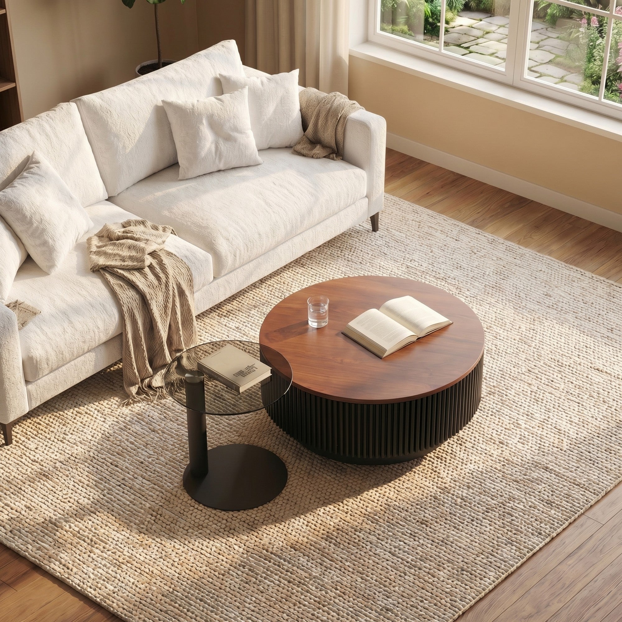 2-Piece Round Fluted Coffee Table Set with Drawers and Tempered Glass Side Table - View 8