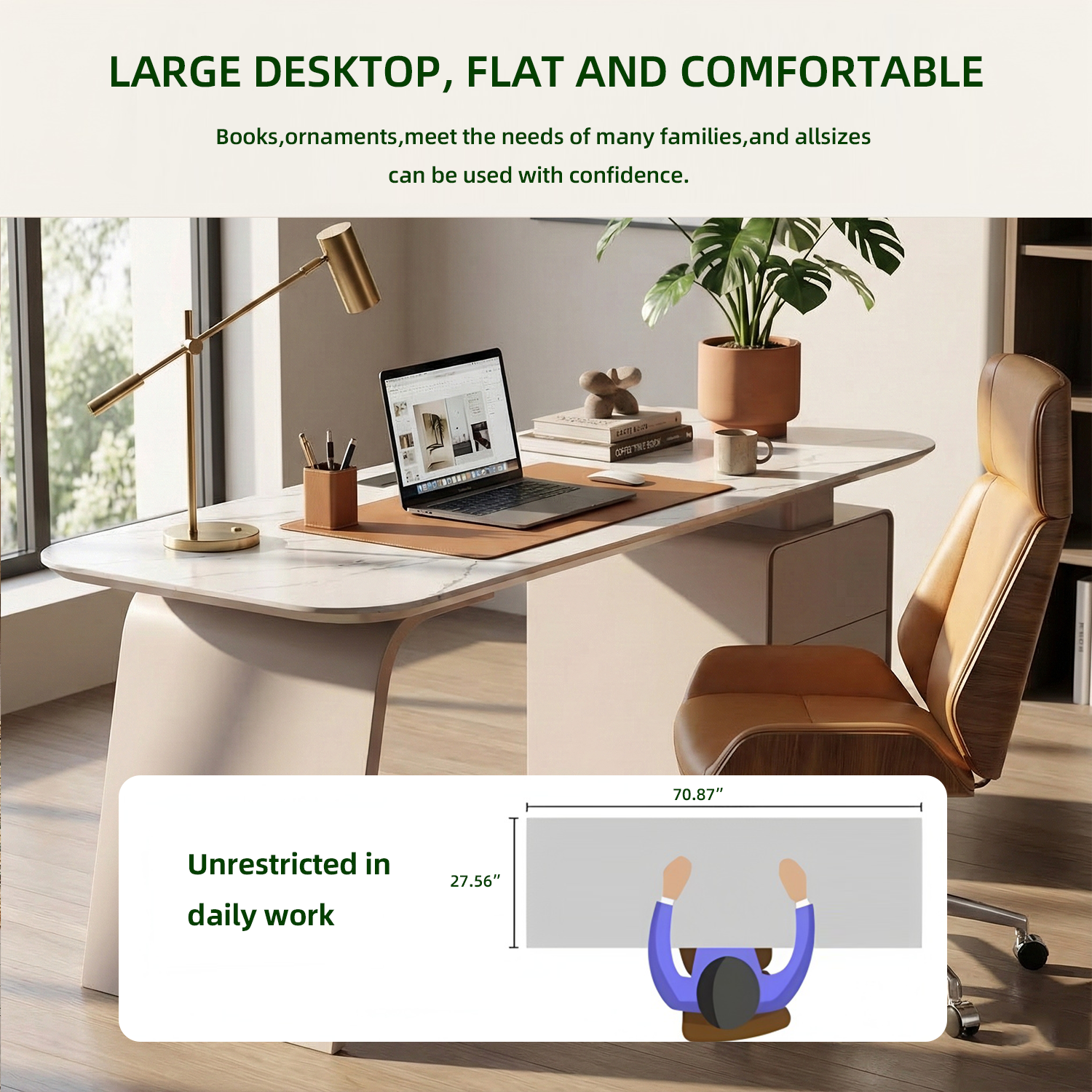 Modern Marble-Look Executive Desk with 3 Drawers, Power Strip and Wireless Charging - View 11