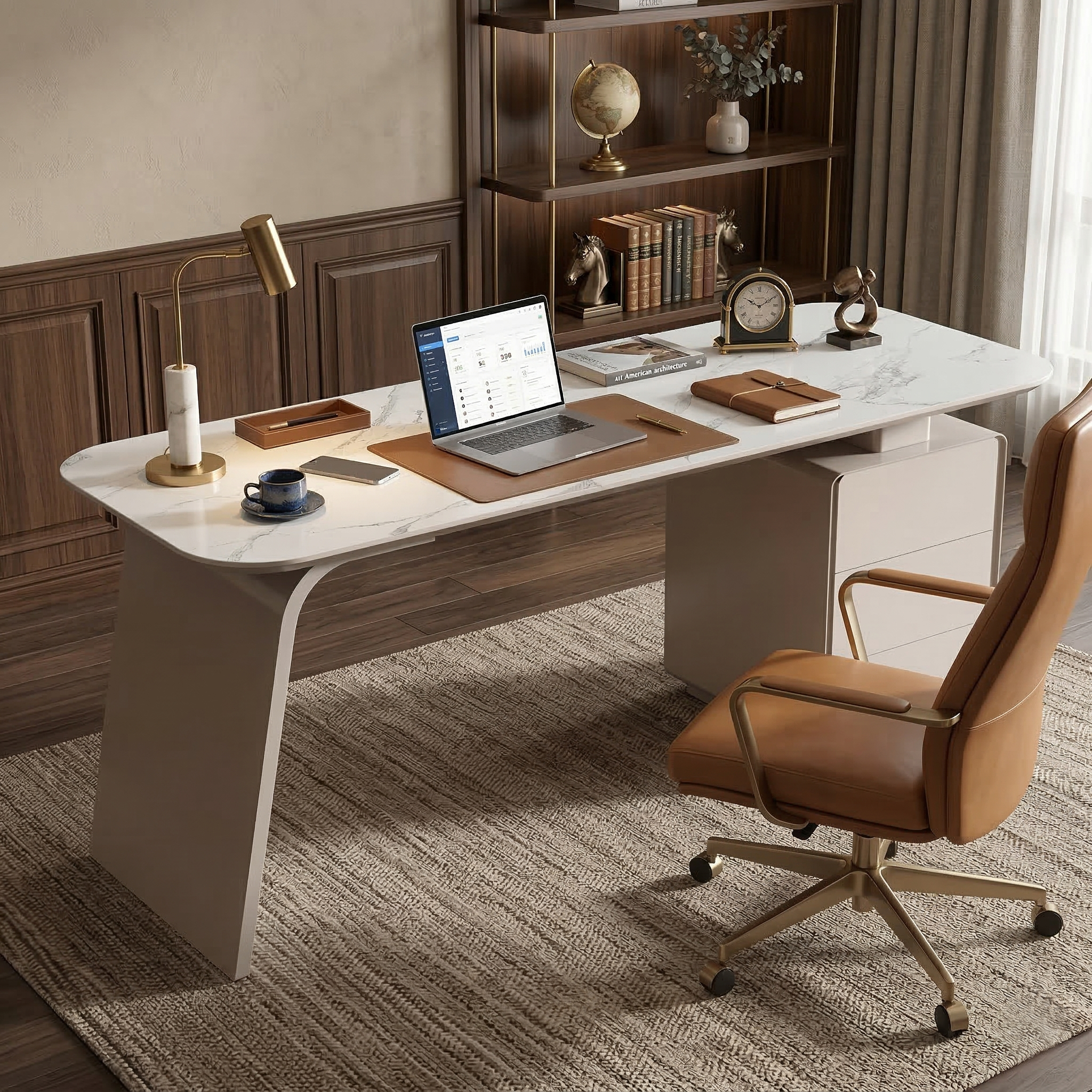 Modern Marble-Look Executive Desk with 3 Drawers, Power Strip and Wireless Charging - View 9