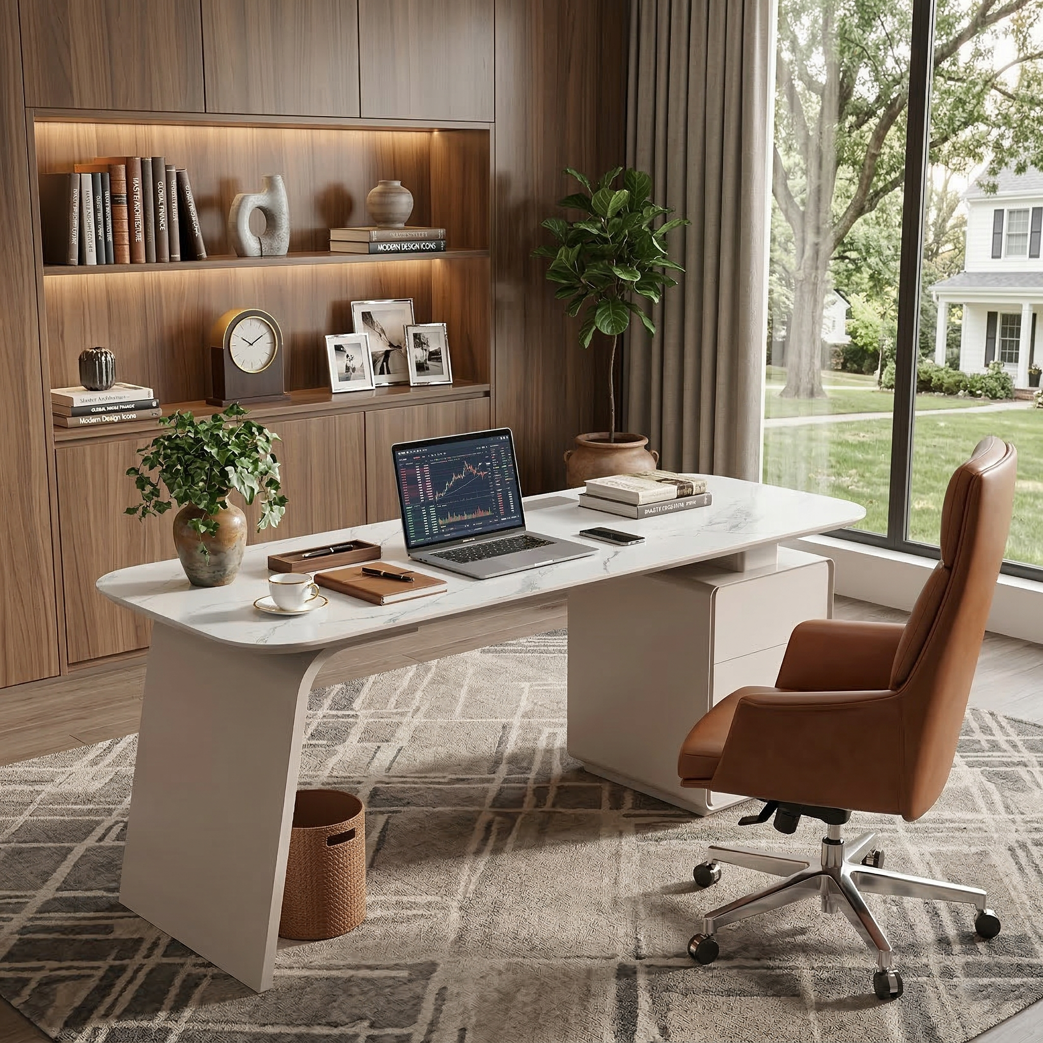 Modern Marble-Look Executive Desk with 3 Drawers, Power Strip and Wireless Charging - View 12