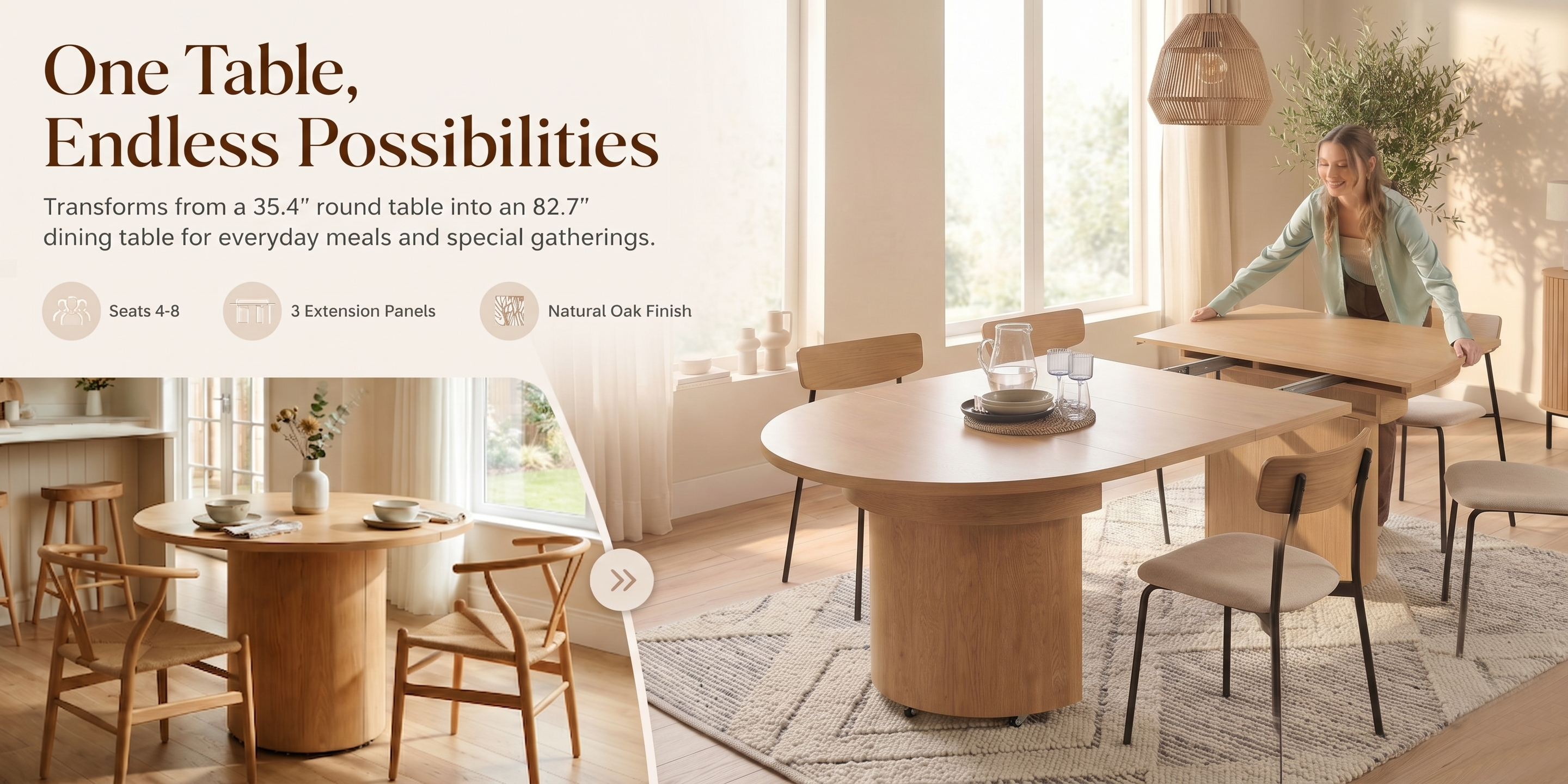 Extendable Wood Dining Table with Storage Cabinet, Seats Up to 10