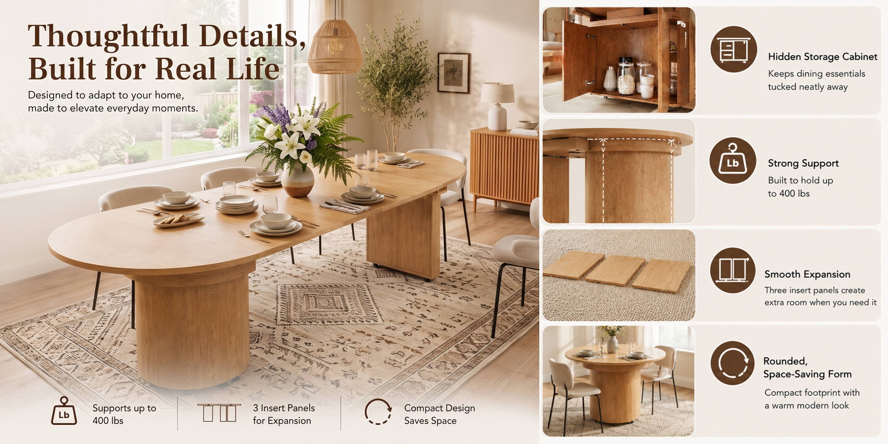 Extendable Wood Dining Table with Storage Cabinet, Seats Up to 10