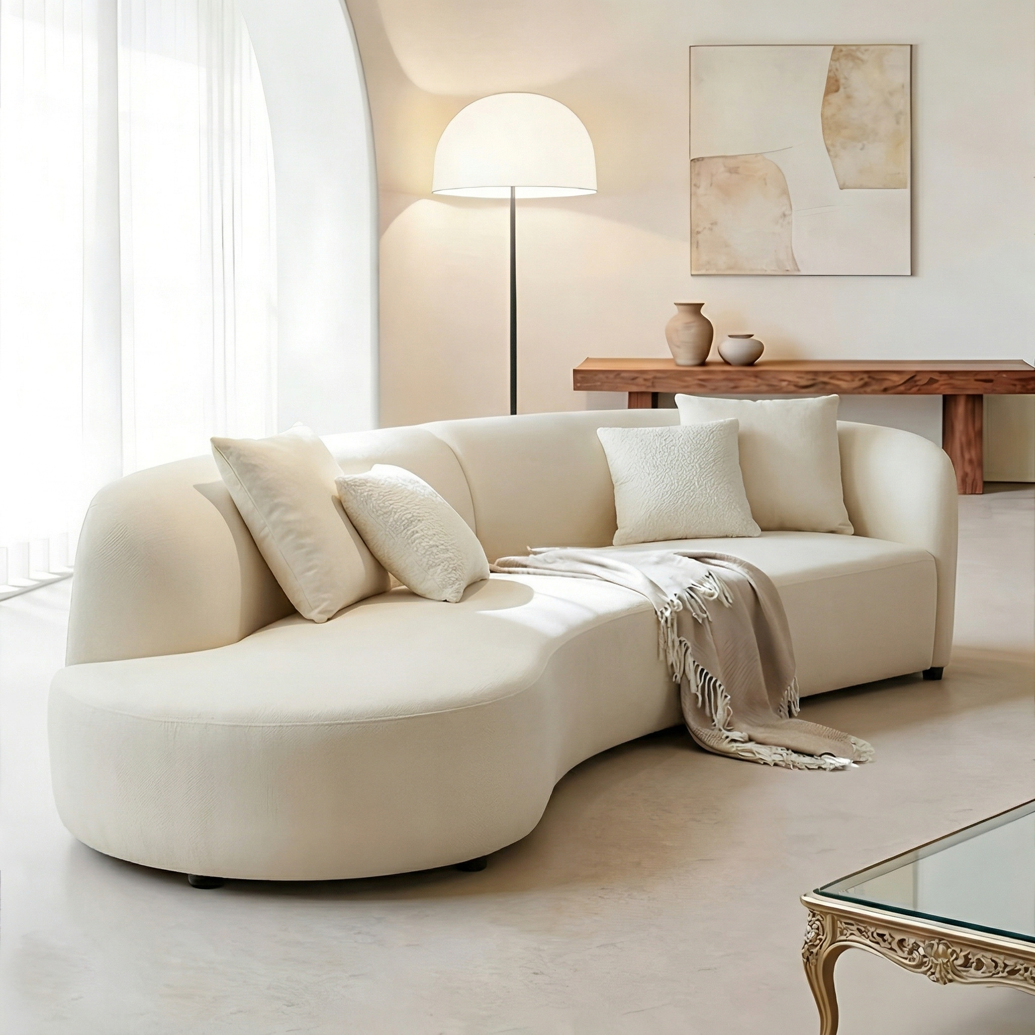 133.85-Inch Curved Cream Velvet Sofa, Seats 4, No Assembly Required - View 1