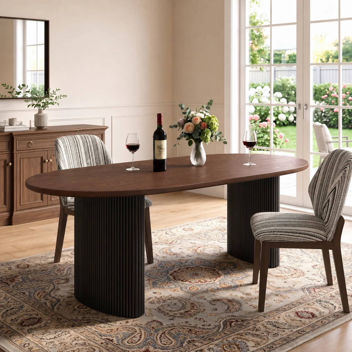 78.74" Walnut-Finish Oval Dining Table for 6–8 with 2" Thick Top and Black Fluted Double-Pedestal Base