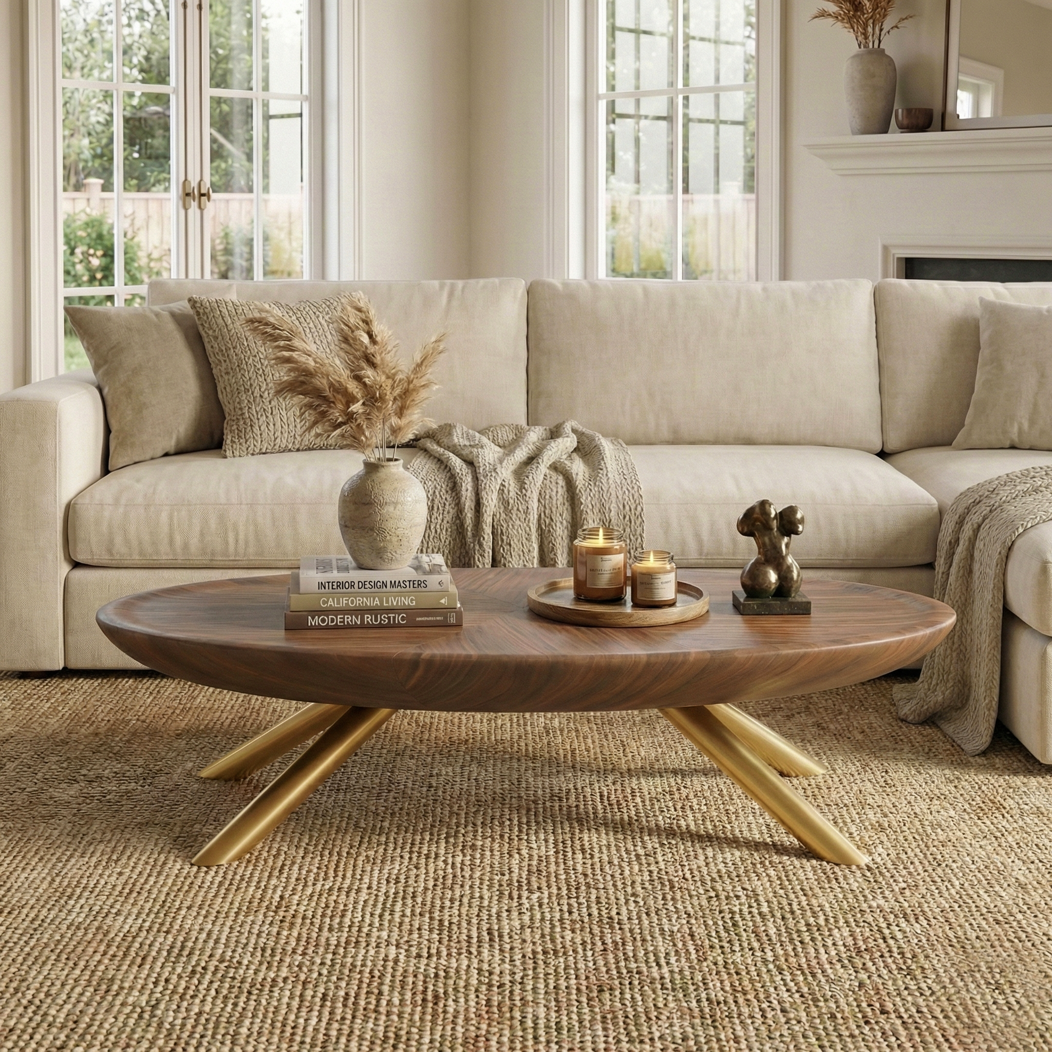 Modern Oval Coffee Table with Wood-Grain Finish and Gold Accents - View 7