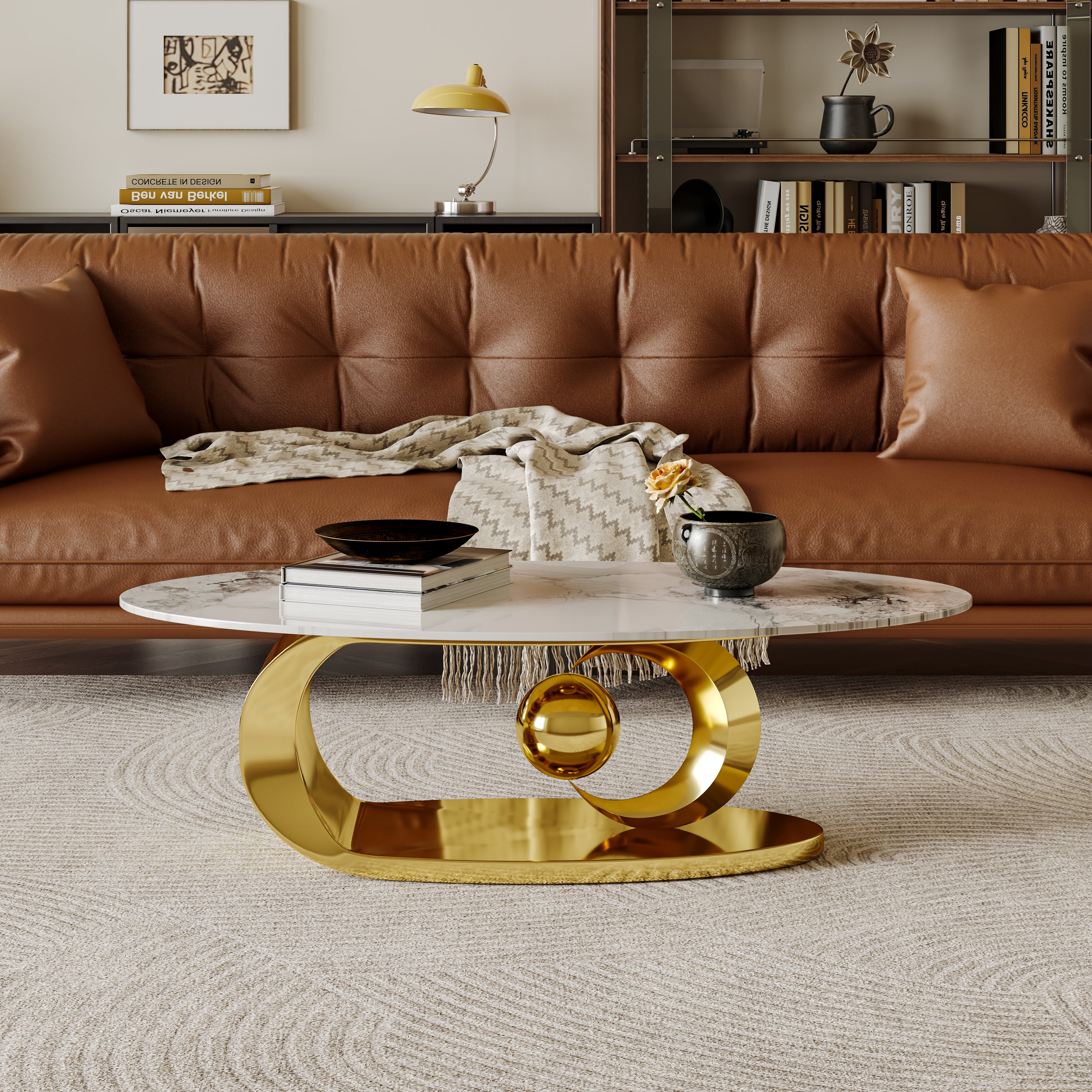 Modern Oval Coffee Table with Sintered Stone Top and Sculptural Stainless Steel Base - View 2