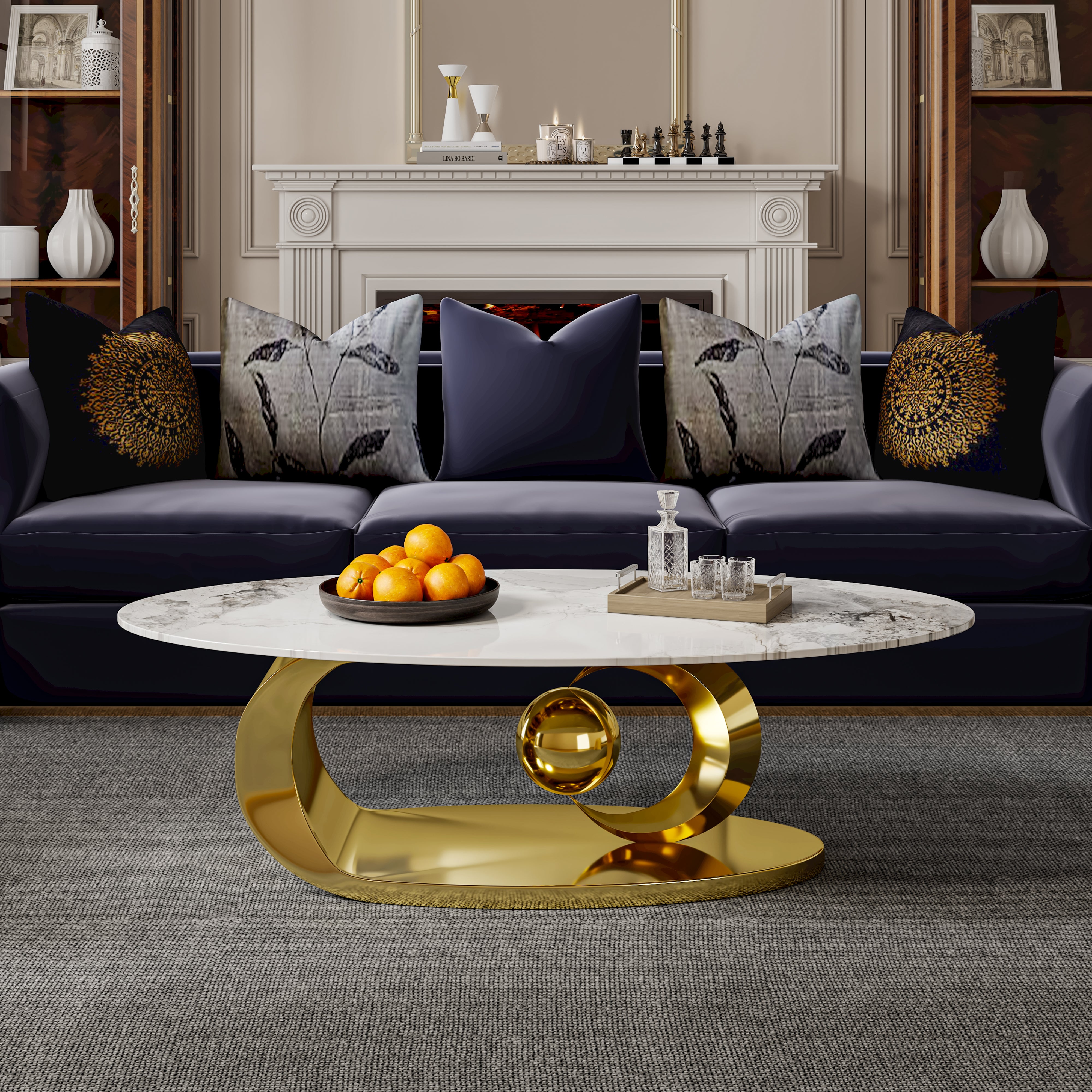 Modern Oval Coffee Table with Sintered Stone Top and Sculptural Stainless Steel Base - View 4