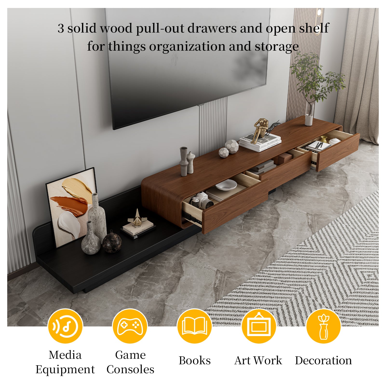 Extendable TV Stand with 3 Drawers and Open Shelf