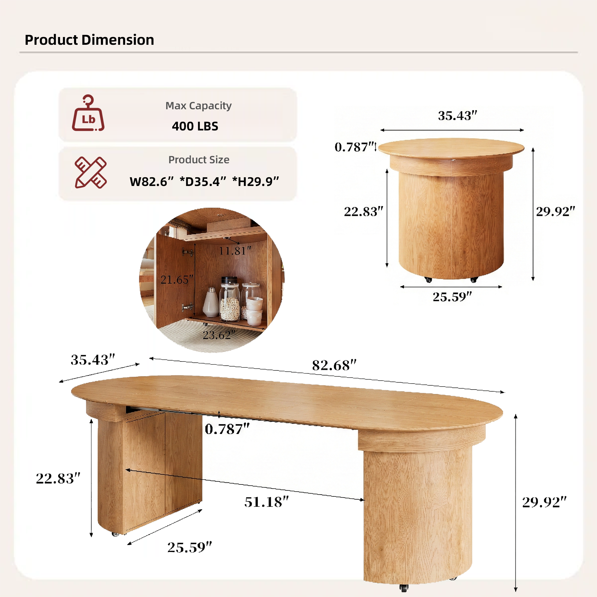 Extendable Wood Dining Table with Storage Cabinet, Seats Up to 10