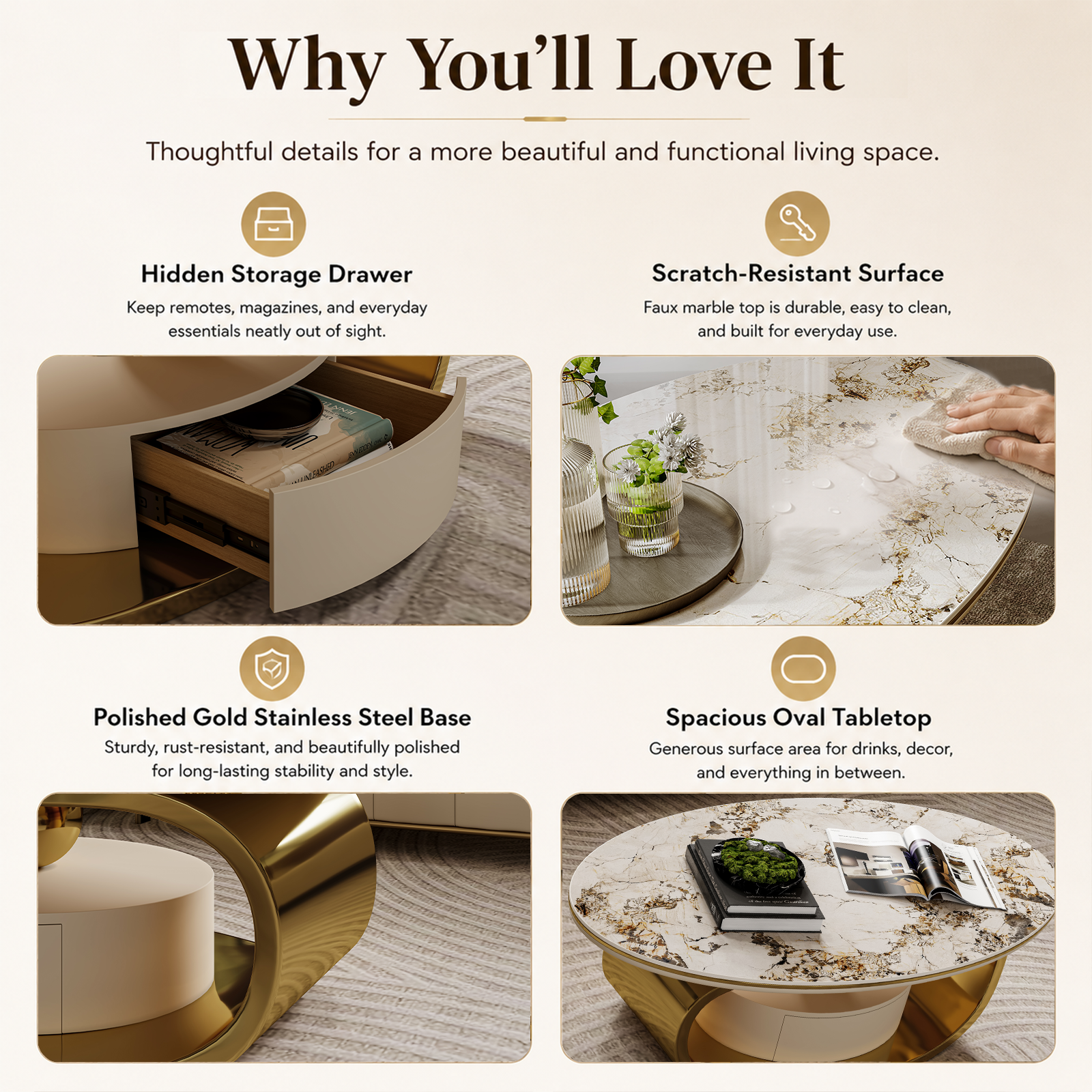 Modern Luxury Coffee Table: Scratch-Resistant Faux Marble Surface, Polished Gold Frame & Hidden Drawer