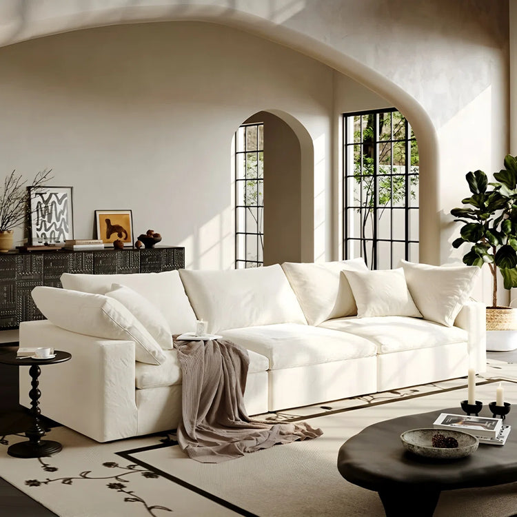 114" Modern 4-Seater Sofa, White Linen Blend with Removable Cushions