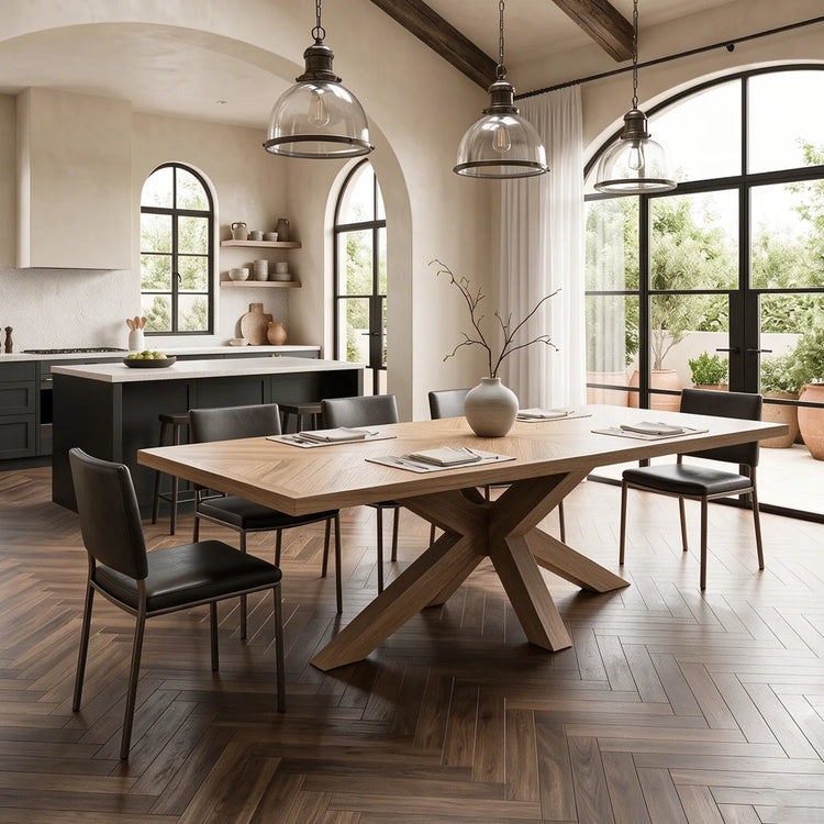 118.11'' Modern wooden rectangular dining table, with X-shaped base, can accommodate 8 to 10 people