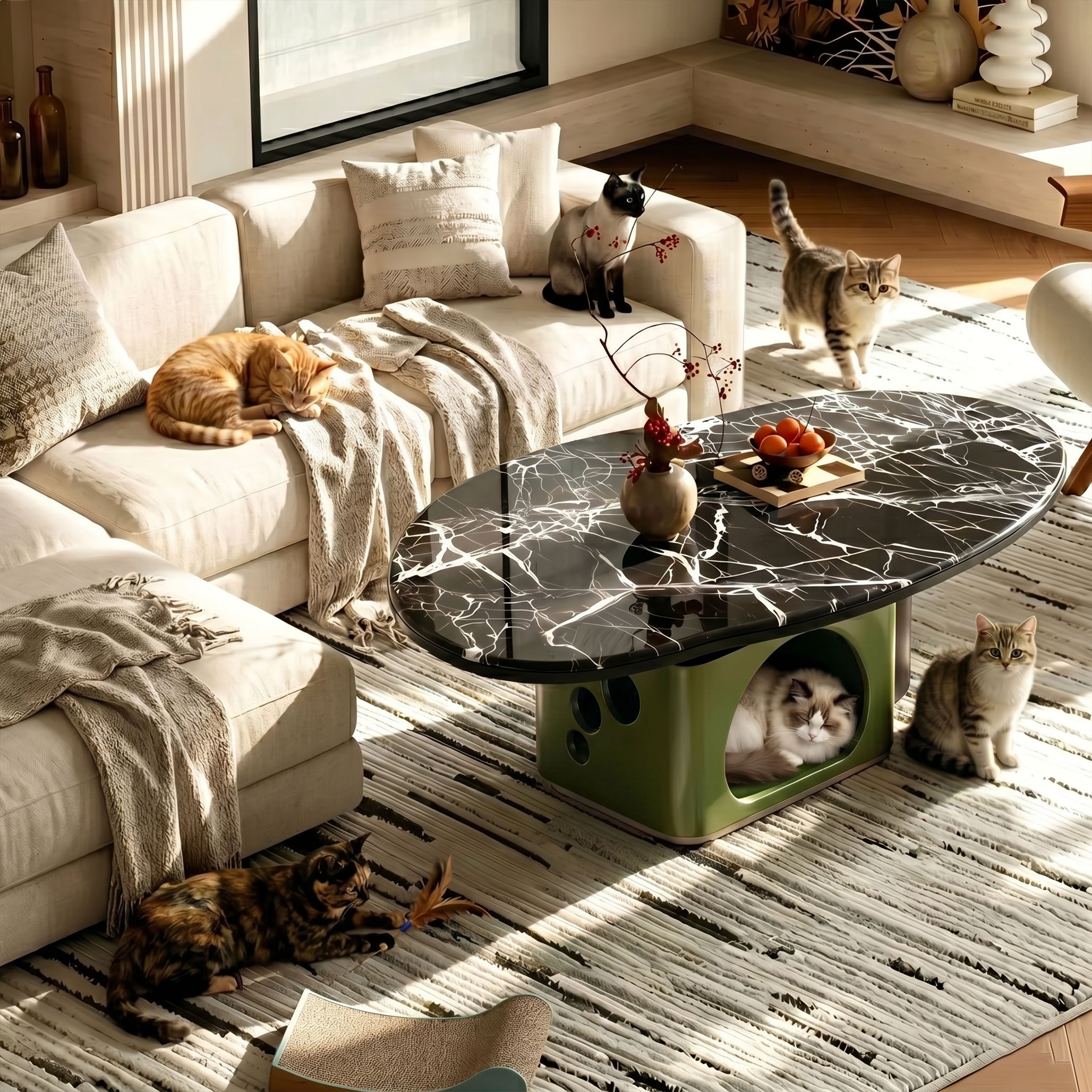 Luxury Pet-Friendly Coffee Table - Black Veined Marble Top with Cat Cave Base